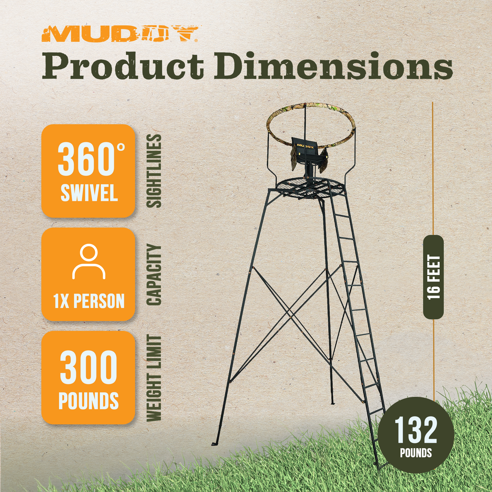MUDRE Product Dimensions 360° SIGHTLINES SWIVEL 1X PERSON CAPACITY 300 WEIGHT LIMIT POUNDS - 16 FEET 132 POUNDS