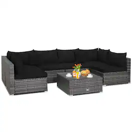 Costway - 7PCS Patio Rattan Furniture Set Sectional Sofa Cushioned Garden - Black