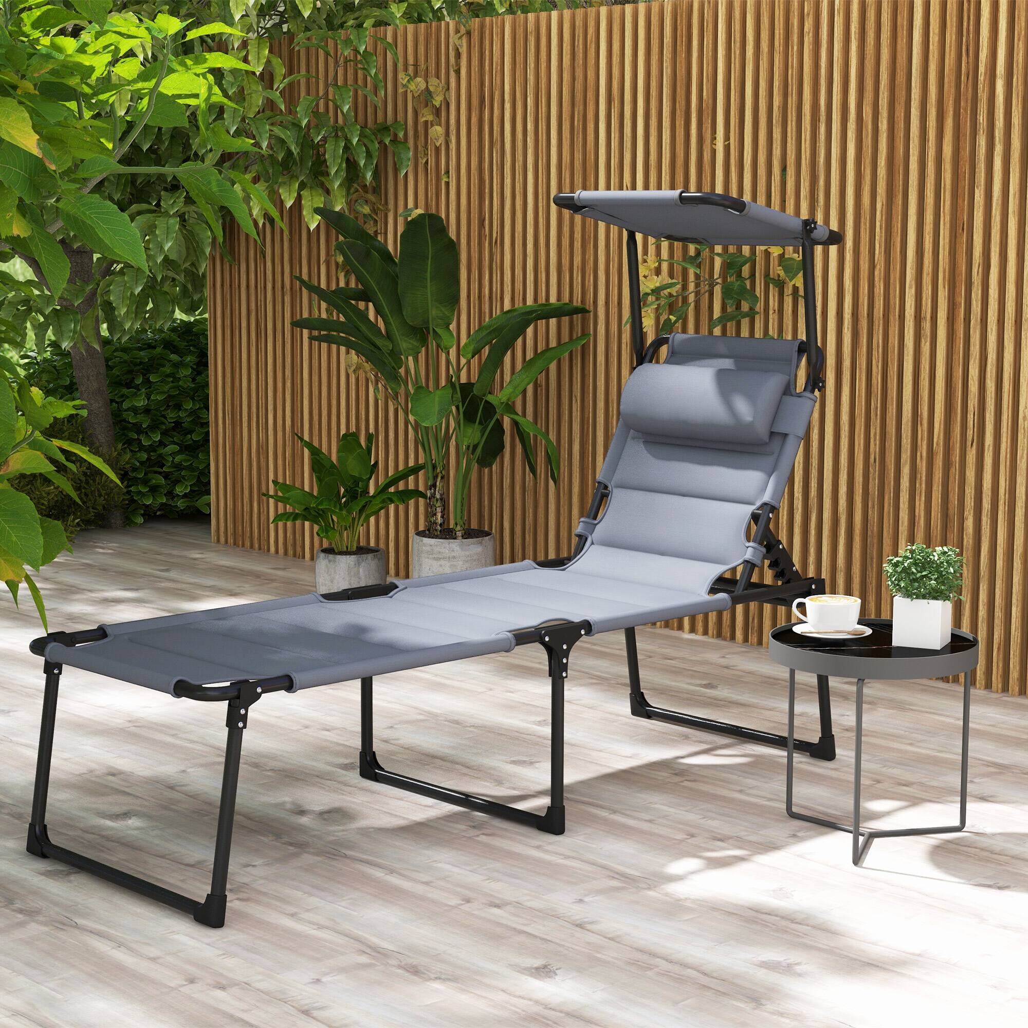 Alt View 1. Outsunny - Outdoor Lounge Chair, Adjustable Backrest Folding Chaise Lounge, Cushioned Tanning Chair with Sunshade Roof & Pillow - Gray.