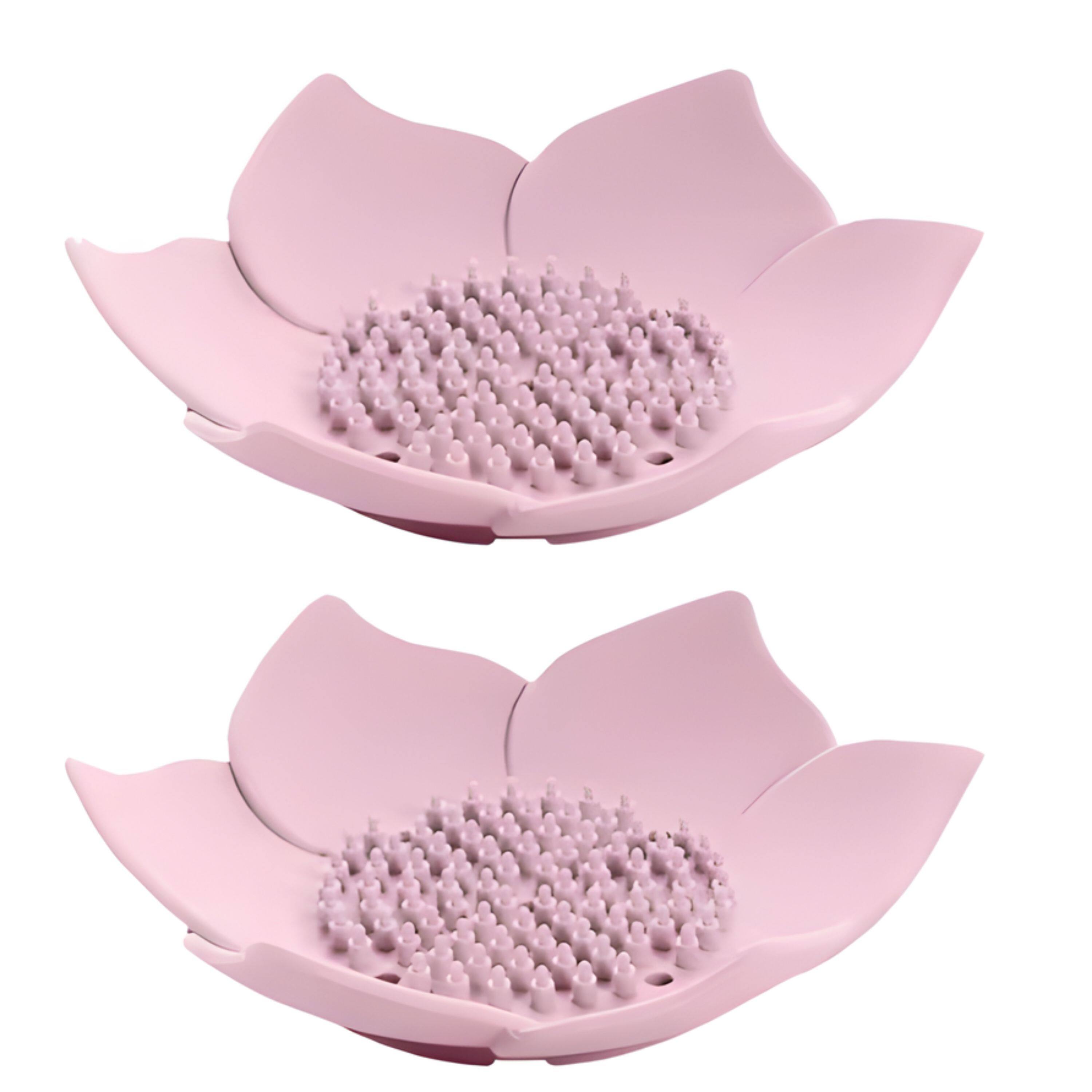 Front. Kitcheniva - Silicone Self-Draining Flower Soap Dish 2 Pcs, Pink.