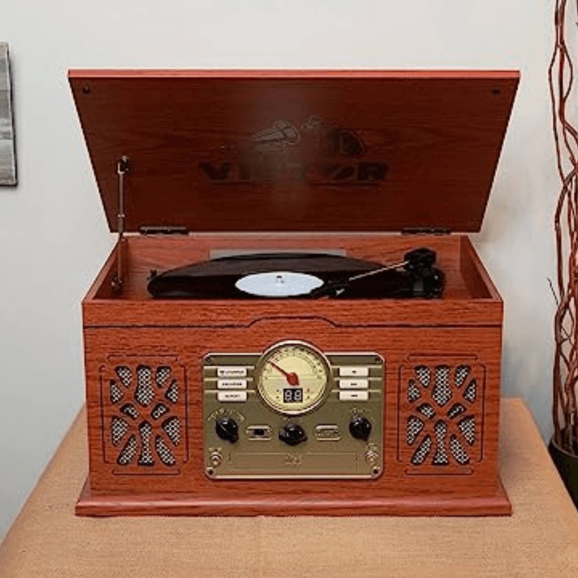 Alt View 1. Victor Audio - State 7-in-1 Wood Music Center with 3-Speed Turntable and Dual Bluetooth - Mahogany.