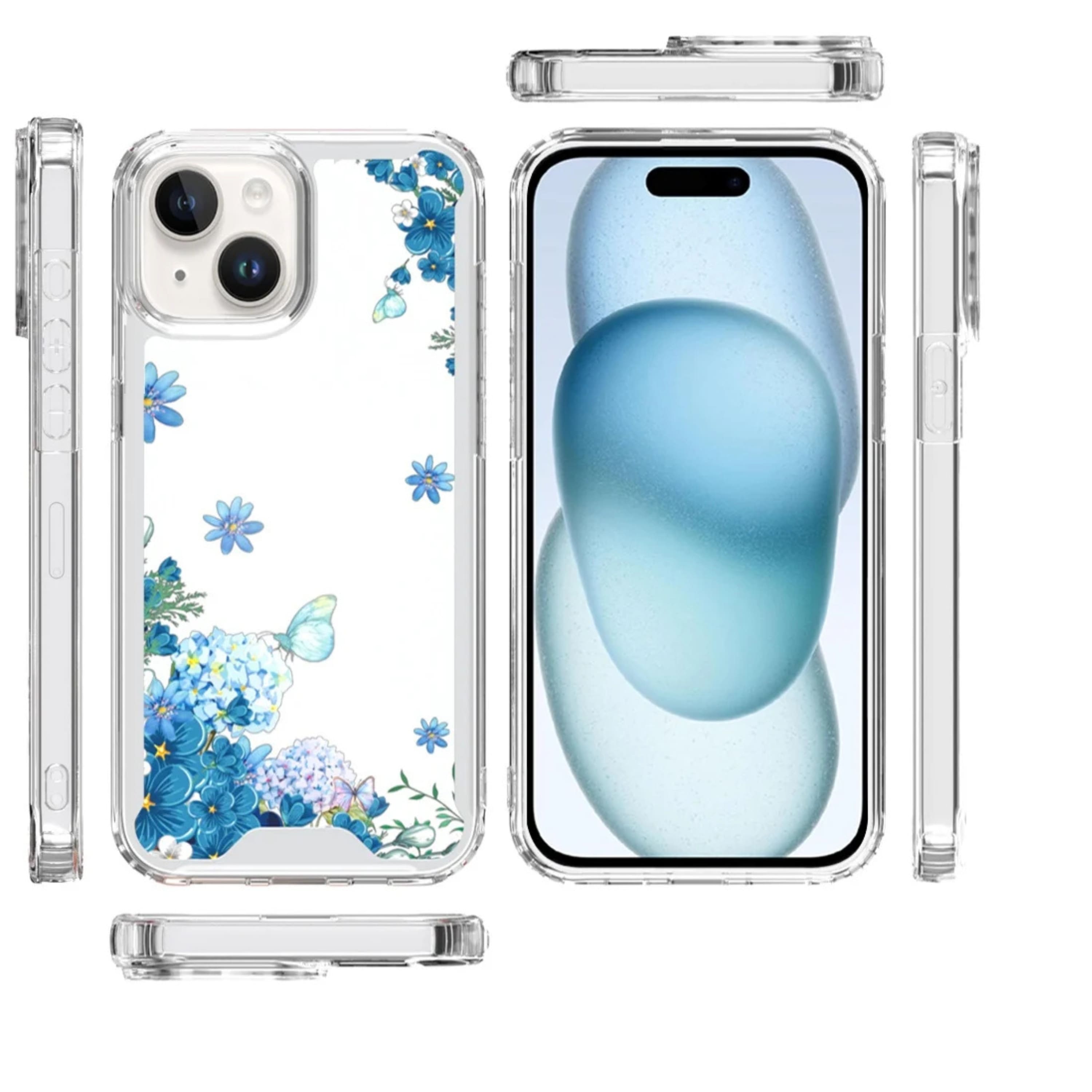 Kitcheniva - Trendy Cute Print Clear TPU Protective Phone Case With 2 Tempered Glass For iPhone 15 Blue Floral - White