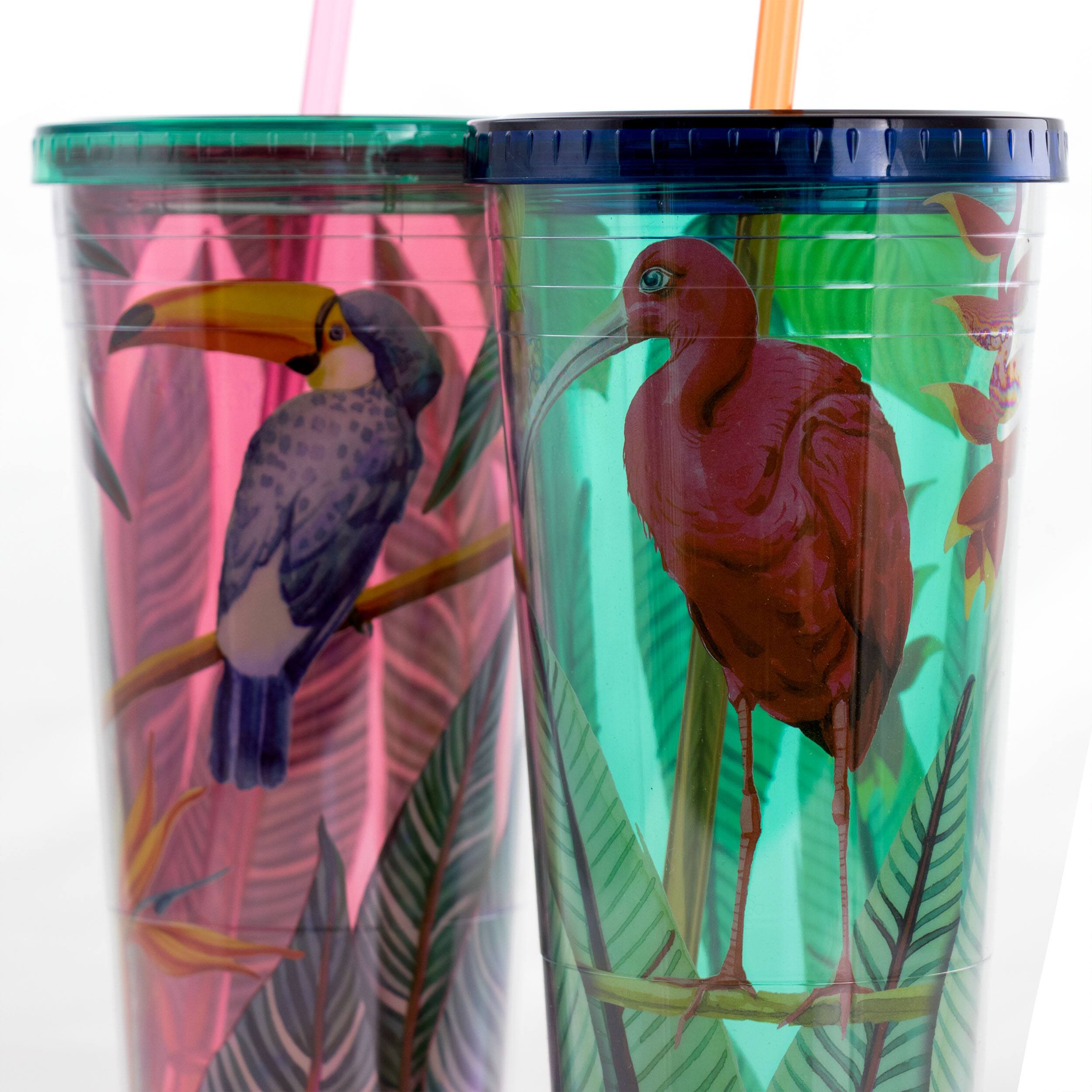 Alt View 5. Gibson - Gibson Home Tropical Bird 4 Piece 23.6 Ounce Double Wall Tumbler Set with Straw in Assorted Designs - Assorted.