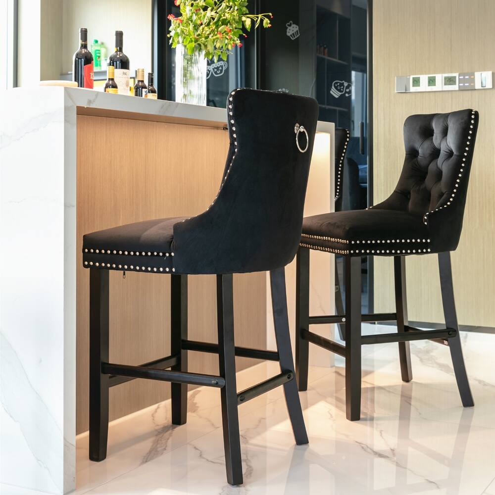 Alt View 7. Loheer - Loheer Black Velvet Barstools Set of 2 Button Tufted Bar Chairs - Black.
