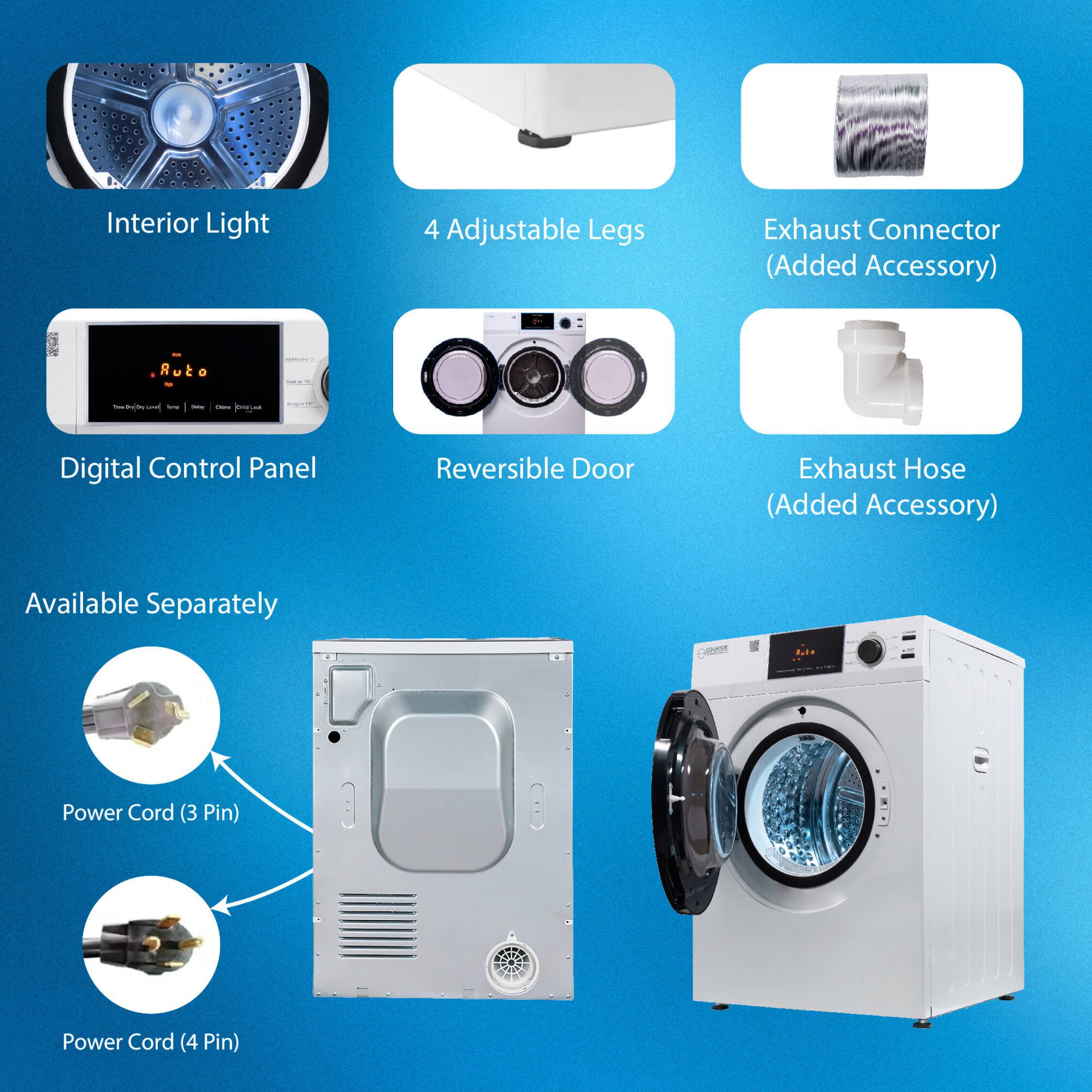 - Interior Light
- 4 Adjustable Legs
- Exhaust Connector (Added Accessory)
- Digital Control Panel
- Reversible Door
- Exhaust Hose (Added Accessory)
- Available Separately
- Power Cord (3 Pin)
- Power Cord (4 Pin)