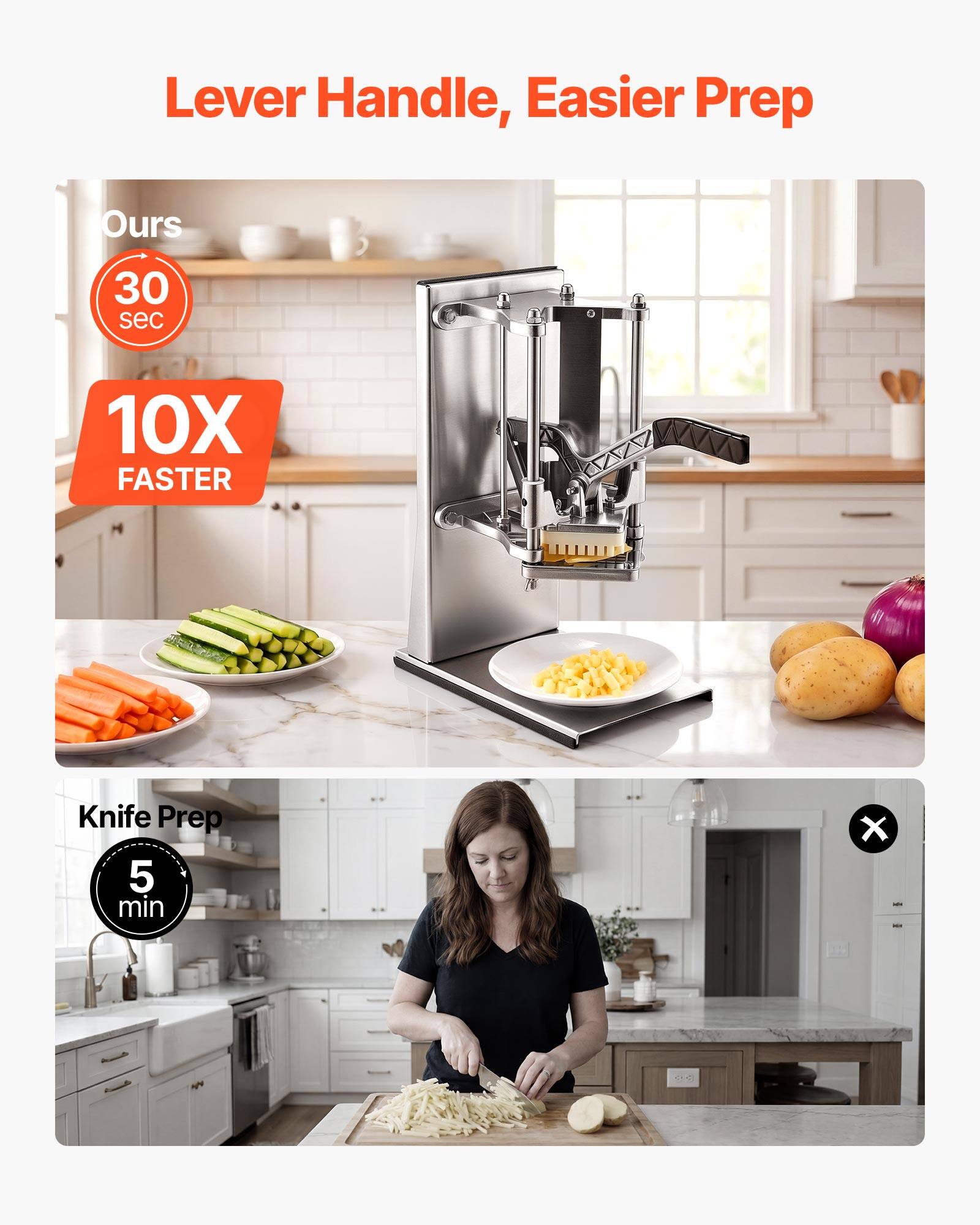 Lever Handle, Easier Prep

Ours
30 sec
10X FASTER

Knife Prep
5 min