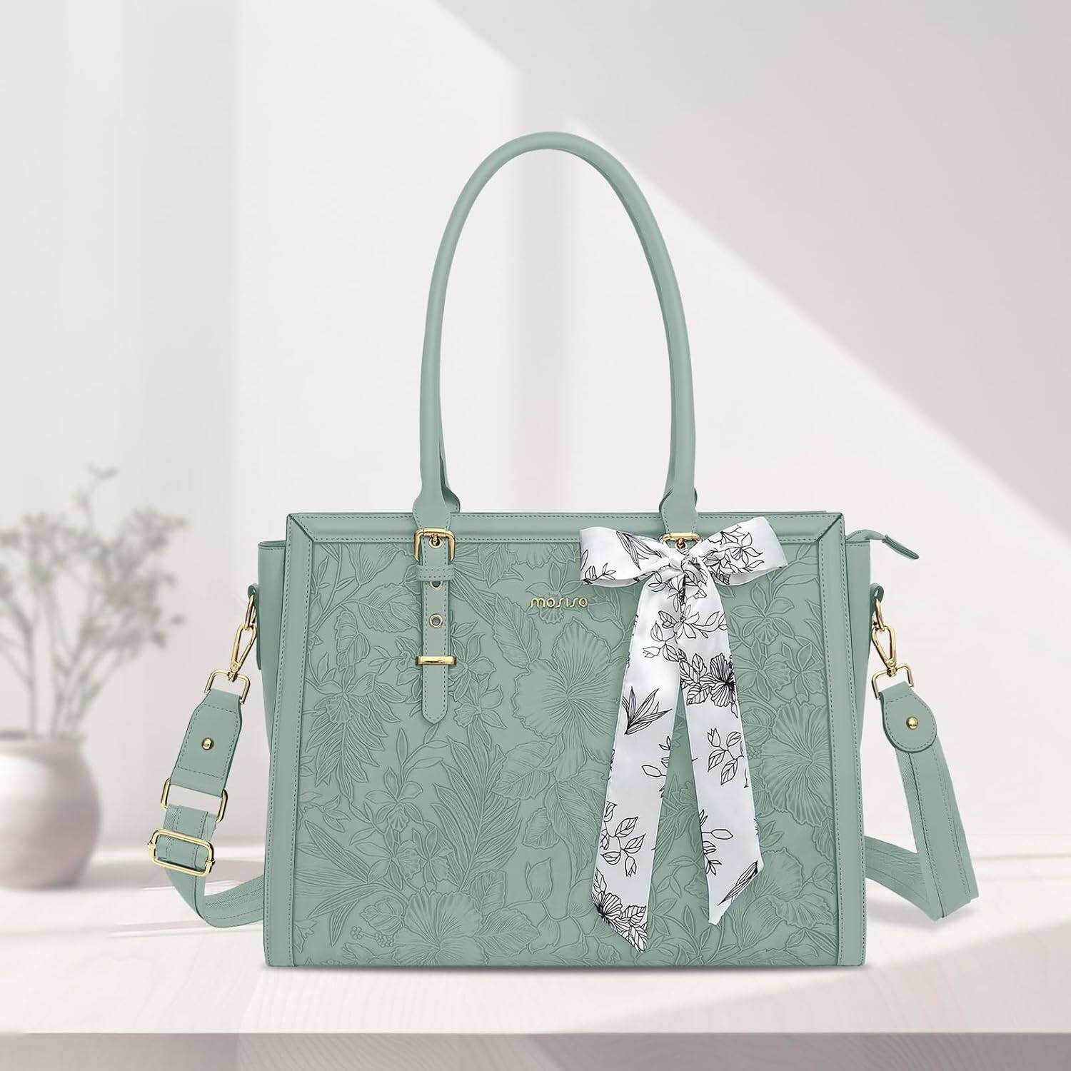 Left. mosiso - Laptop Bag for Women 15-15.6 inch PU Leather Tote Bag Work Briefcase Computer Bags - Antique Green.