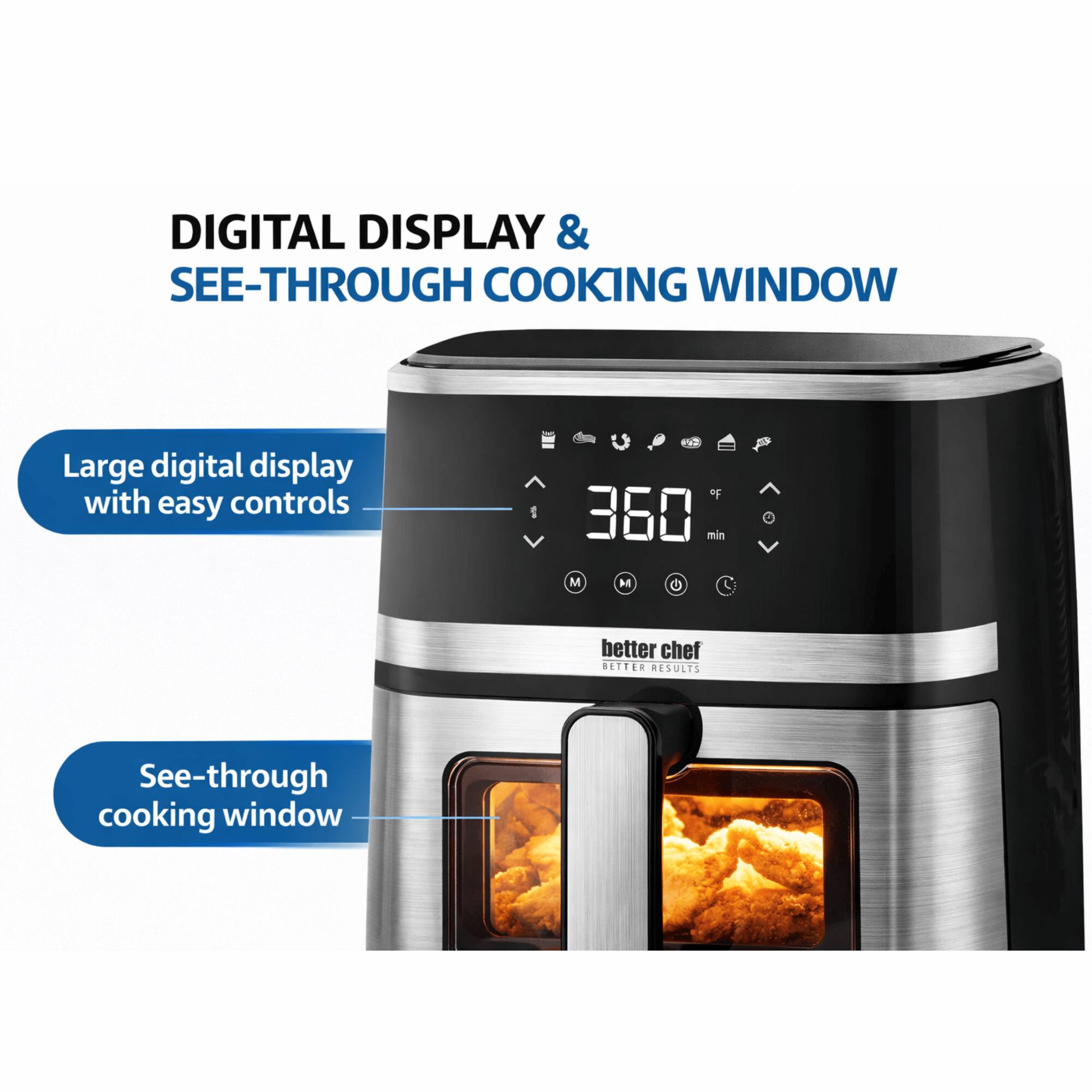DIGITAL DISPLAY & SEE-THROUGH COOKING WINDOW

Large digital display with easy controls

See-through cooking window