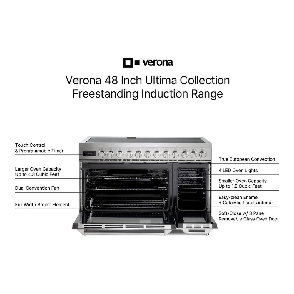 Verona 48 Inch Ultima Collection Freestanding Induction Range Touch Control & Programmable Timer True European Convection Larger Oven Capacity Up to 4.3 Cubic Feet Dual Convention Fan 4 LED Oven Lights Smaller Oven Capacity Up to 1.5 Cubic Feet Full Width Broiler Element Easy-clean Enamel + Catalytic Panels interior Soft-Close w/ 3 Pane Removable Glass Oven Door