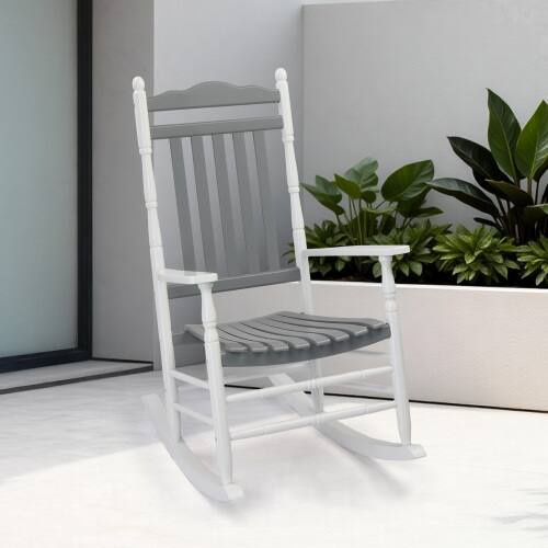 Alt View 5. Winado - 1PC Wooden Rocking Chair, Relaxing Rocker with High Back Seat Reclining Seat for Garden Backyard Porch Indoor Outdoor - White & Gray.