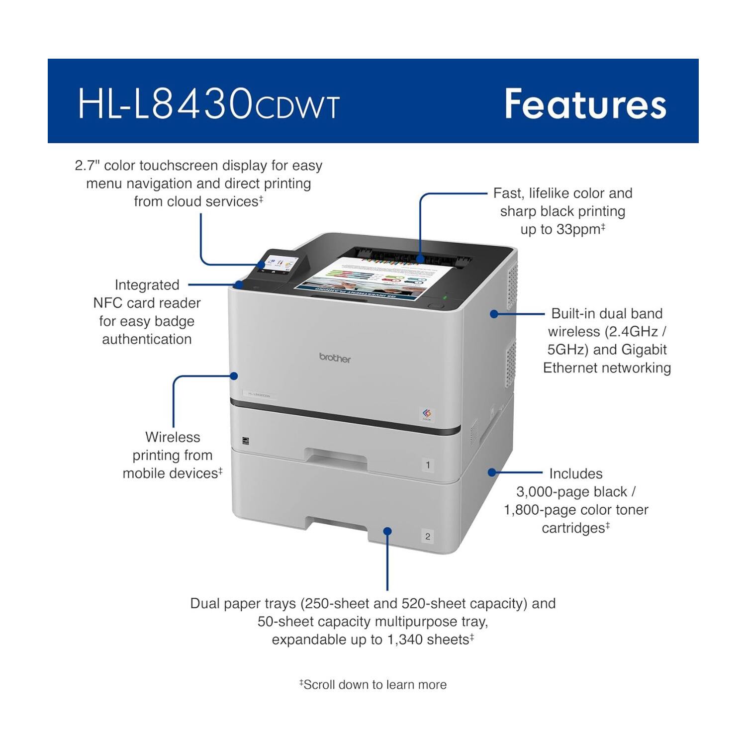 HL-L8430CDWT Features

- 2.7" color touchscreen display for easy menu navigation and direct printing from cloud services+
- Fast, lifelike color and sharp black printing up to 33ppm+
- Integrated NFC card reader for easy badge authentication
- Built-in dual band wireless (2.4GHz / 5GHz) and Gigabit Ethernet networking
- Wireless printing from mobile devices*
- Includes 3,000-page black / 1,800-page color toner cartridges
- Dual paper trays (250-sheet and 520-sheet capacity) and 50-sheet capacity multipurpose tray, expandable up to 1,340 sheets+

*Scroll down to learn more