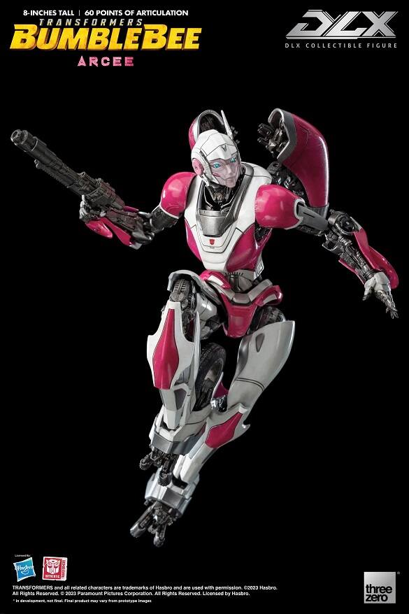 8-INCHES TALL | 60 POINTS OF ARTICULATION  
TRANSFORMERS  
BUMBLEBEE  
ARCEE  

DLX COLLECTIBLE FIGURE  

TRANSFORMERS and all related characters are trademarks of Hasbro and are used with permission. ©2023 Hasbro. All Rights Reserved.  
©2023 Paramount Pictures Corporation. All Rights Reserved. Licensed by Hasbro.  

*In development. Final product may vary from prototype images.  

three zero