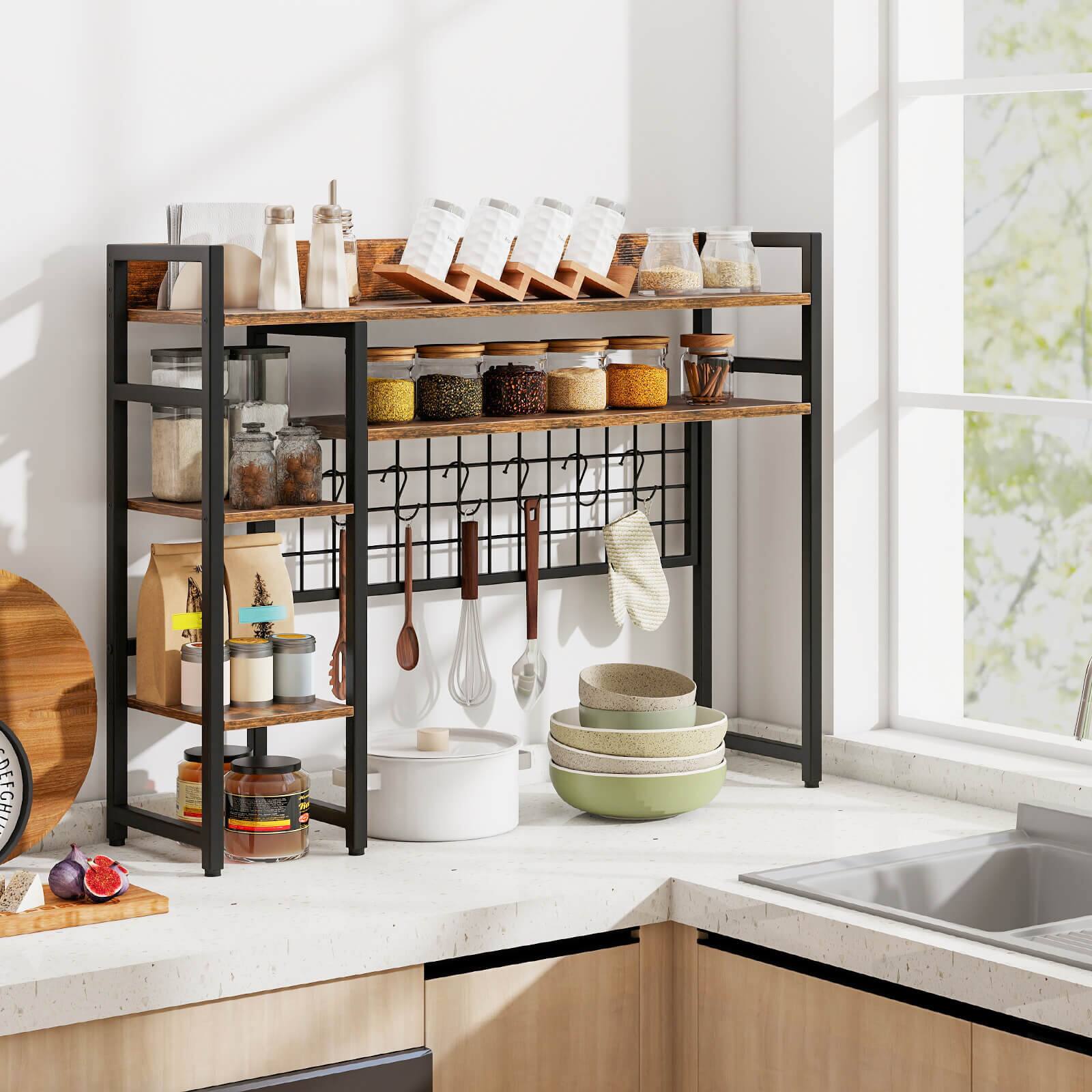 Alt View 3. Costway - Costway Desk Shelf 4-Tier Desktop Display Rack with Metal Grid Panel & 6 Hooks Brown - Rustic Brown + Black.