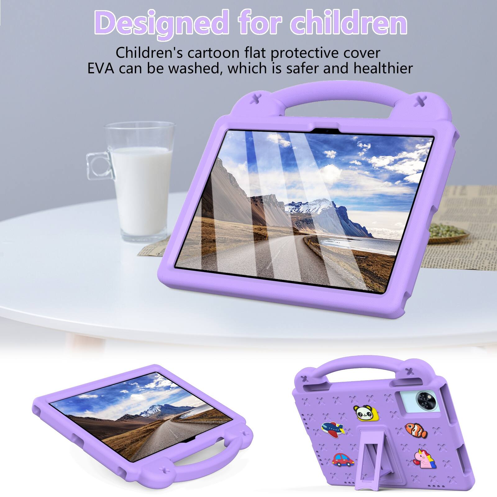 Designed for children  
Children's cartoon flat protective cover EVA can be washed, which is safer and healthier