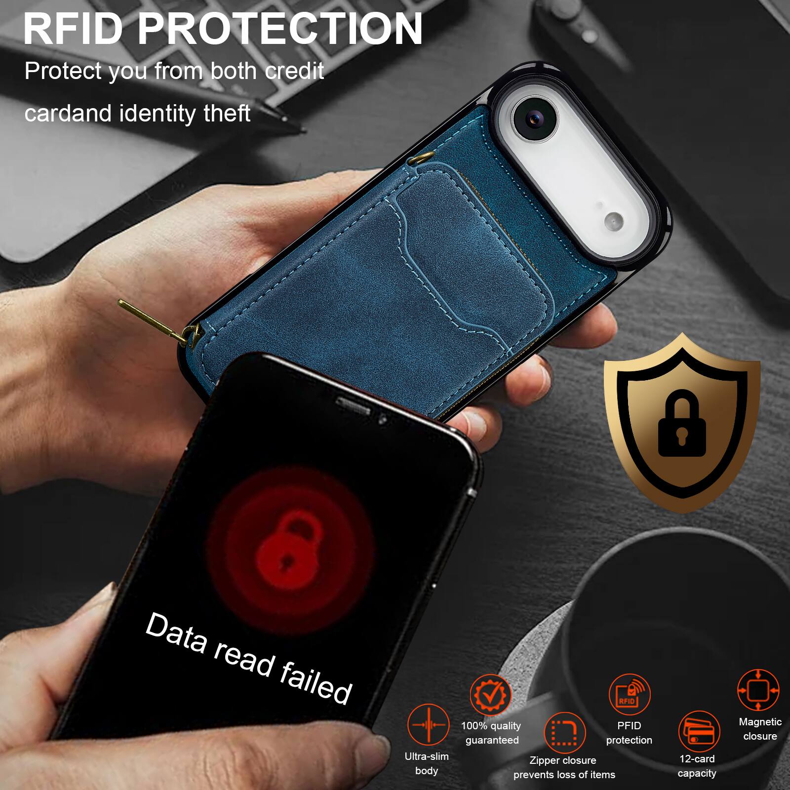RFID PROTECTION  
Protect you from both credit card and identity theft  

Data read failed  

100% quality guaranteed protection  
Ultra-slim closure  
Zipper body prevents loss of items  
Magnetic closure  
12-card capacity  

RFID PROTECTION  
Protect you from both credit card and identity theft  

100% quality guaranteed  
RFID protection  
Zipper closure prevents loss of items  
Magnetic closure  
12-card capacity