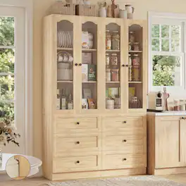 Aheaplus - 80'' Tall Pantry Cabinet with 3 Wooden Drawers, Glass Doors, and Adjustable Shelves, Set of 2 - Nature Oak