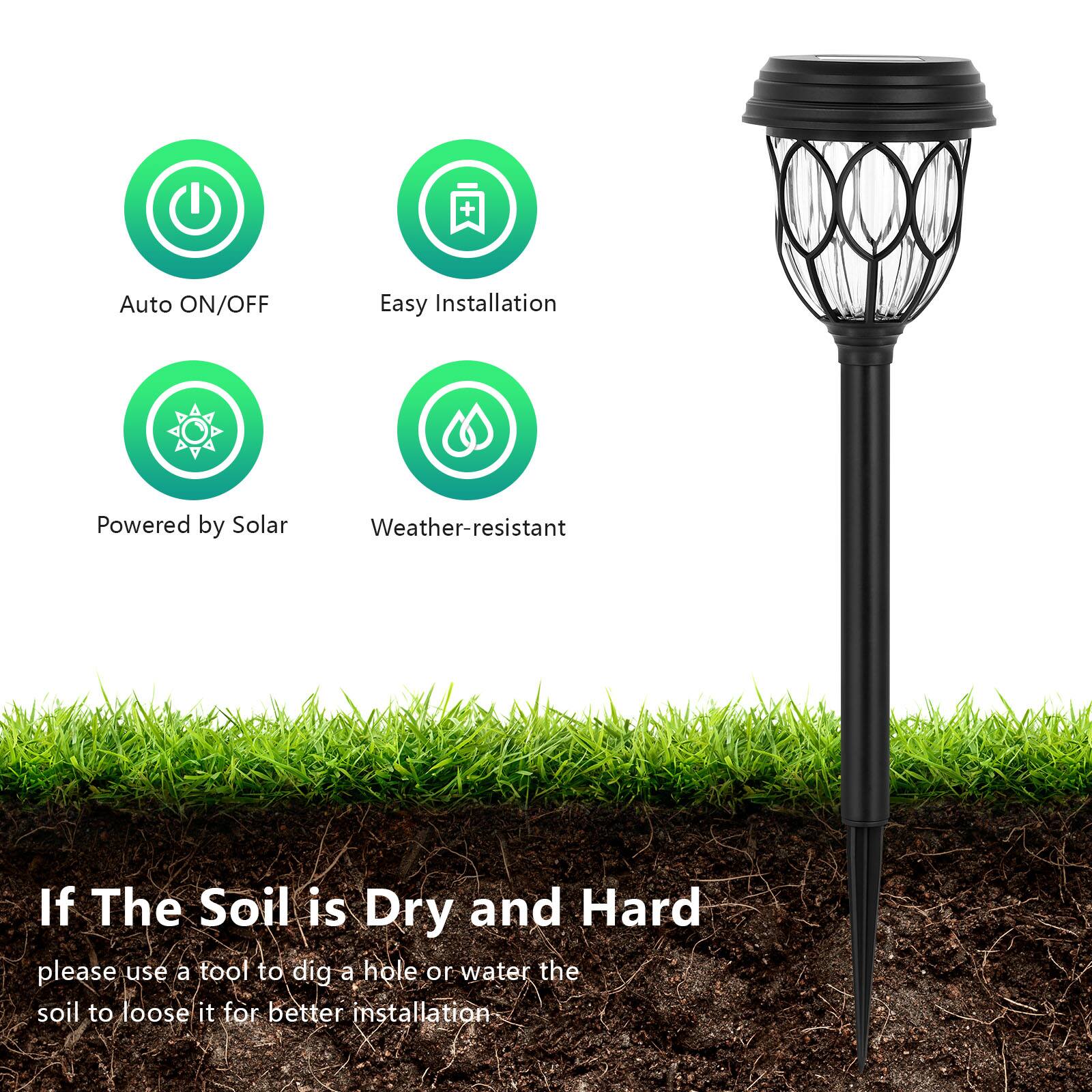 Auto ON/OFF  
Easy Installation  
Powered by Solar  
Weather-resistant  

If The Soil is Dry and Hard  
please use a tool to dig a hole or water the soil to loosen it for better installation.