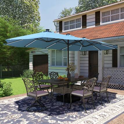 Front. Mondawe - 15ft Patio Maket Umbrella Solar light strip Double-sided umbrella with base - Turquoise.