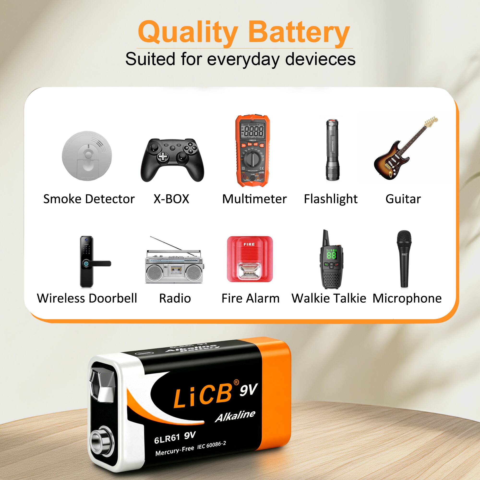 Quality Battery  
Suited for everyday devices

- Smoke Detector
- X-BOX
- Multimeter
- Flashlight
- Guitar
- Wireless Doorbell
- Radio
- Fire Alarm
- Walkie Talkie
- Microphone

Alkaline SCROT SY LiCB 9V Alkaline 6LR61 9V IEC 60086-2 Mercury-Free