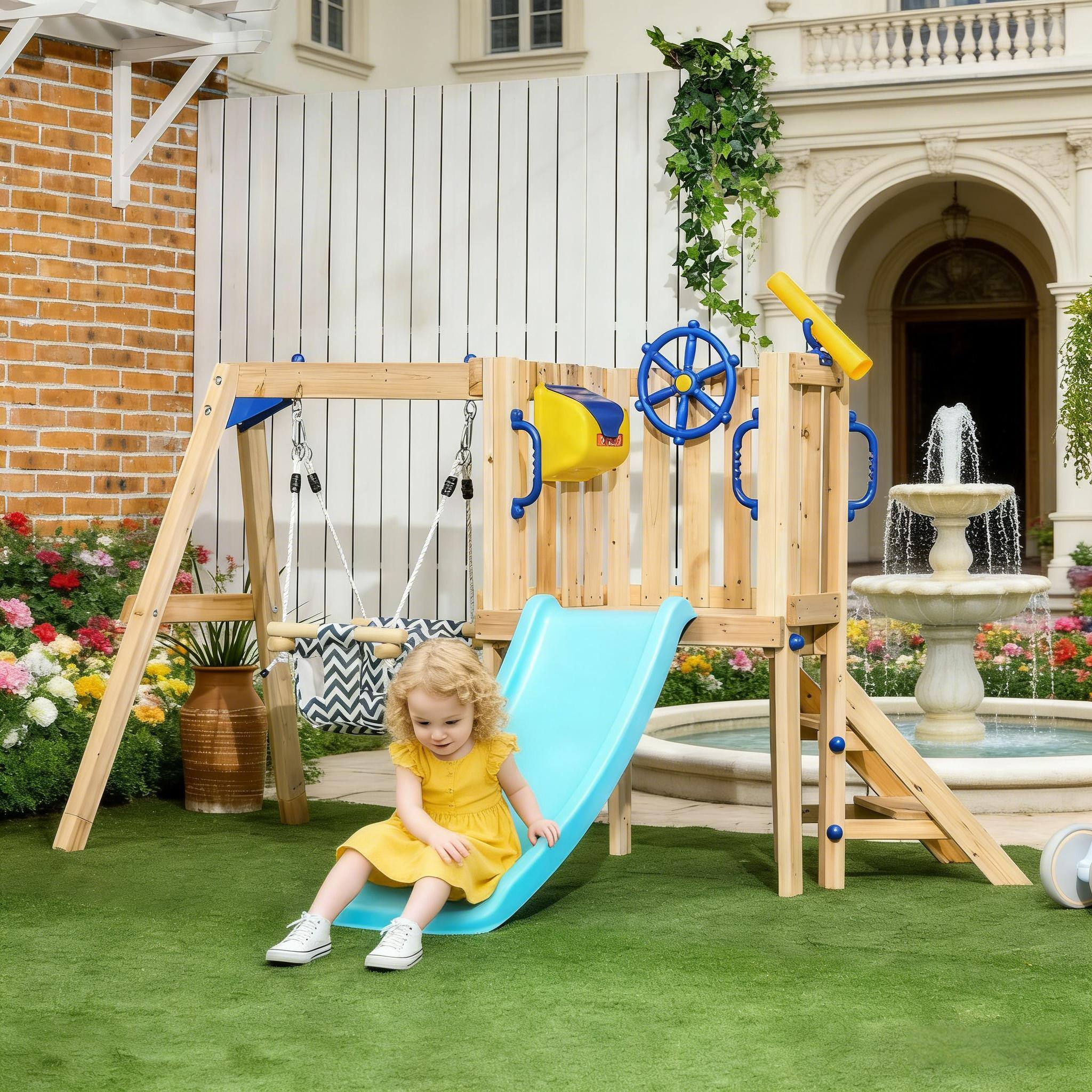 Angle. Siljoy - Wooden Toddler Playset, Swing, Slide & Fort, 220 lb Capacity, for Ages 1.5‑4 Years, Outdoor Backyard - Blue,Natural,Yellow.