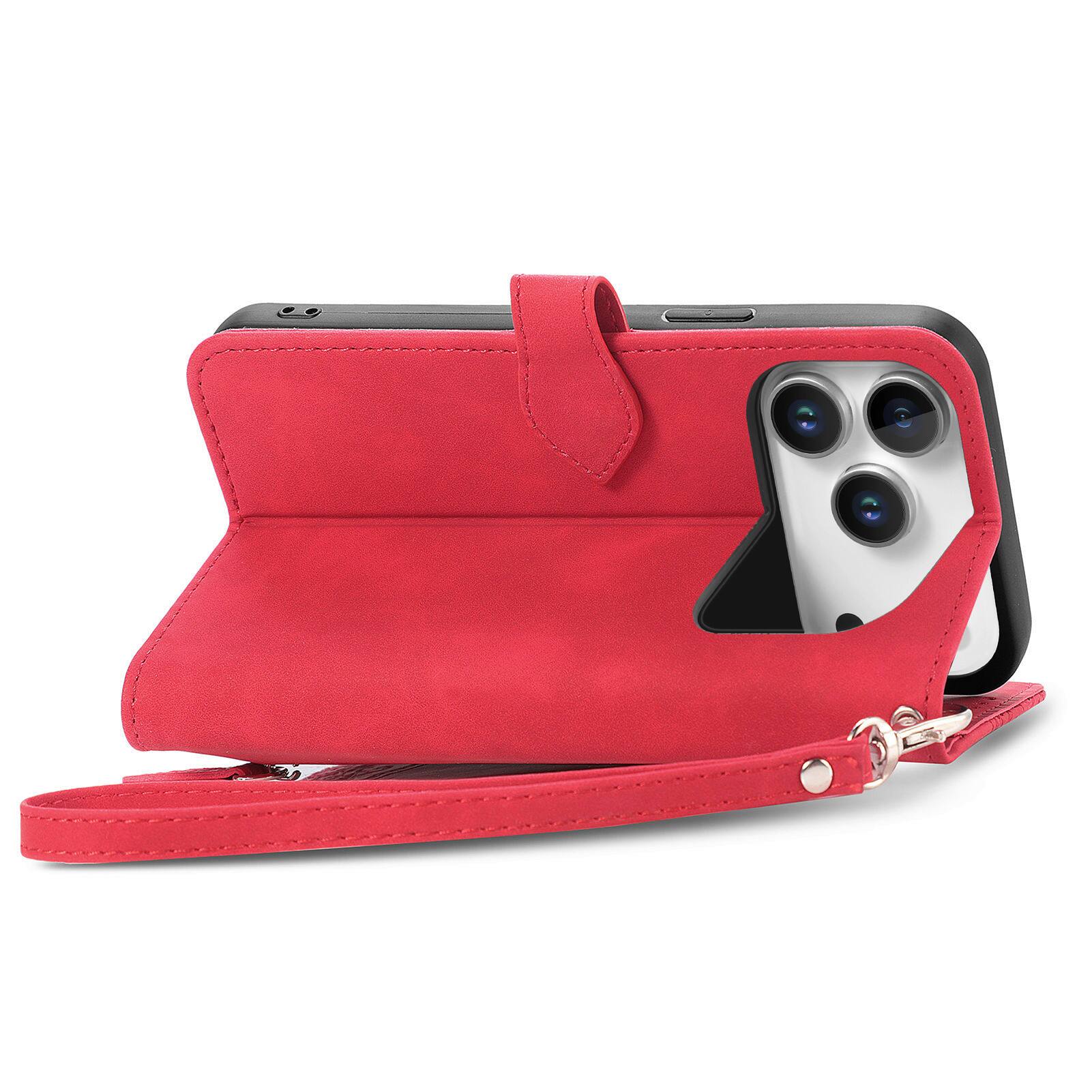 Left. Dteck - for Apple iPhone 17 Pro Max Wallet Case,Folio Shockproof PU Leather Card Holder Cover with Zipper Pocket & Wrist Strap - Red.
