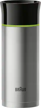 Angle. Braun - 11.6-Oz. Thermal Cup - Black, Green, Brushed stainless steel.