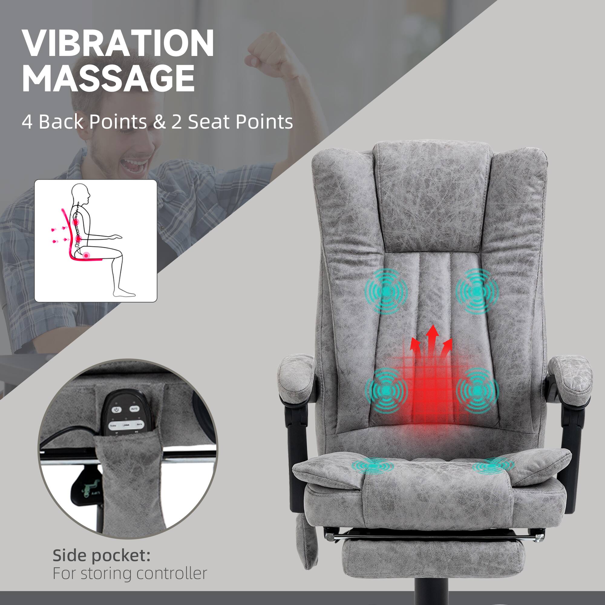 VIBRATION MASSAGE
4 Back Points & 2 Seat Points
Side pocket: For storing controller