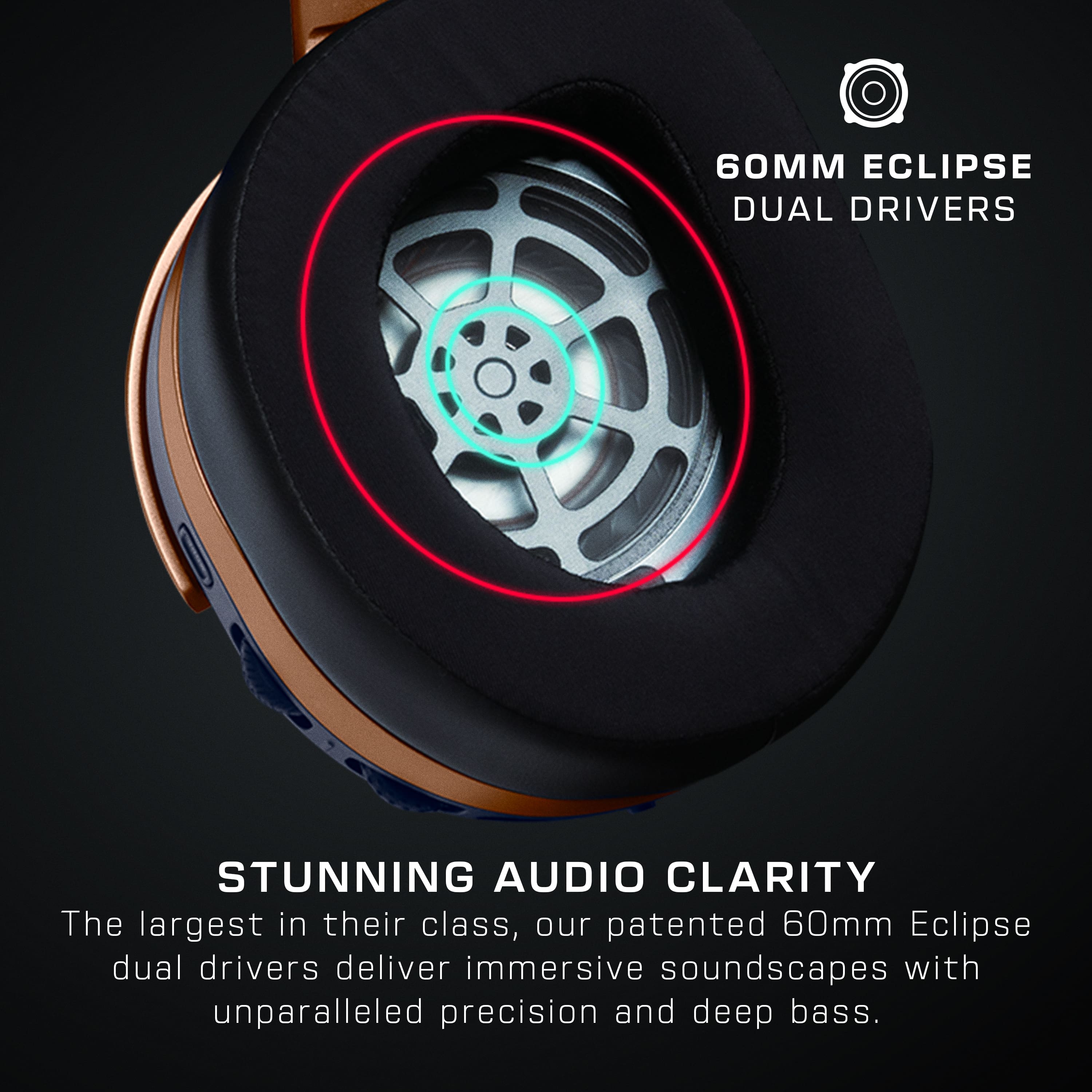 The image features a pair of headphones with a 60mm Eclipse dual driver system, which provides stunning audio clarity. The headphones are designed to deliver immersive soundscapes with unparalleled precision and deep bass. The headphones are advertised as the largest in their class, and the patented technology used in the 60mm Eclipse dual drivers sets them apart from other headphones.