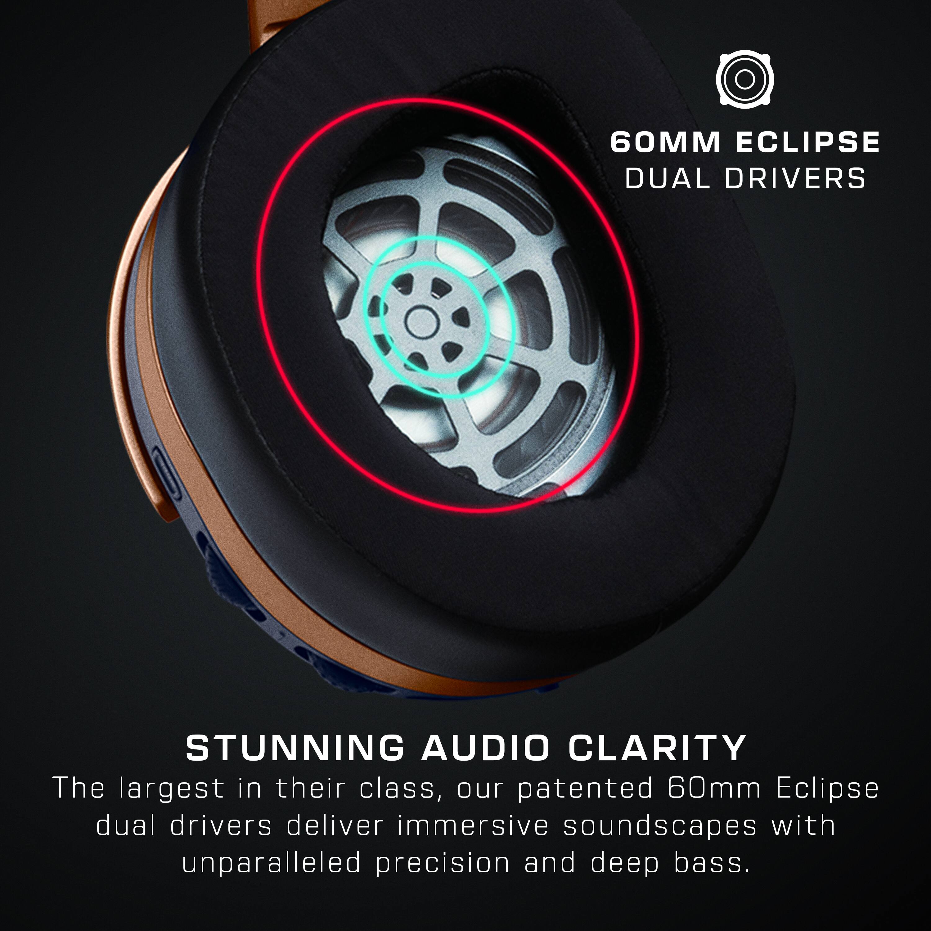 The image features a pair of headphones with a 60mm Eclipse dual driver system, which provides stunning audio clarity. The headphones are designed to deliver immersive soundscapes with unparalleled precision and deep bass. The headphones are advertised as the largest in their class, and the patented technology used in the 60mm Eclipse dual drivers sets them apart from other headphones.