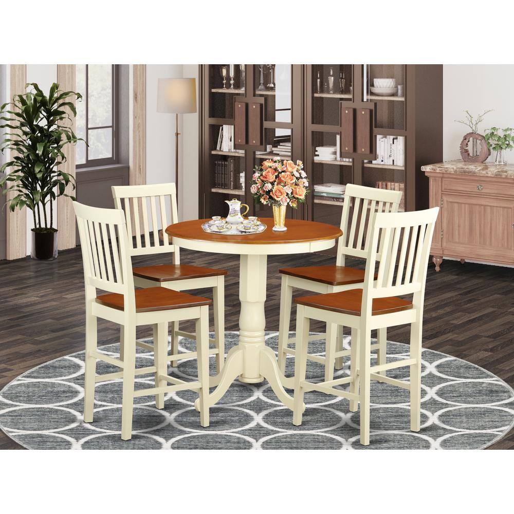 Back. East West Furniture - 5 Pc counter height Dining set-pub Table and 4 Kitchen bar stool - Buttermilk & Cherry.