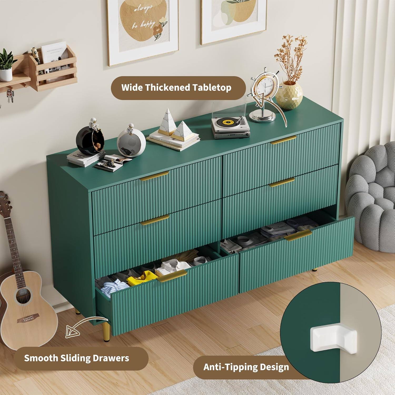 - Wide Thickened Tabletop
- Smooth Sliding Drawers
- Anti-Tipping Design