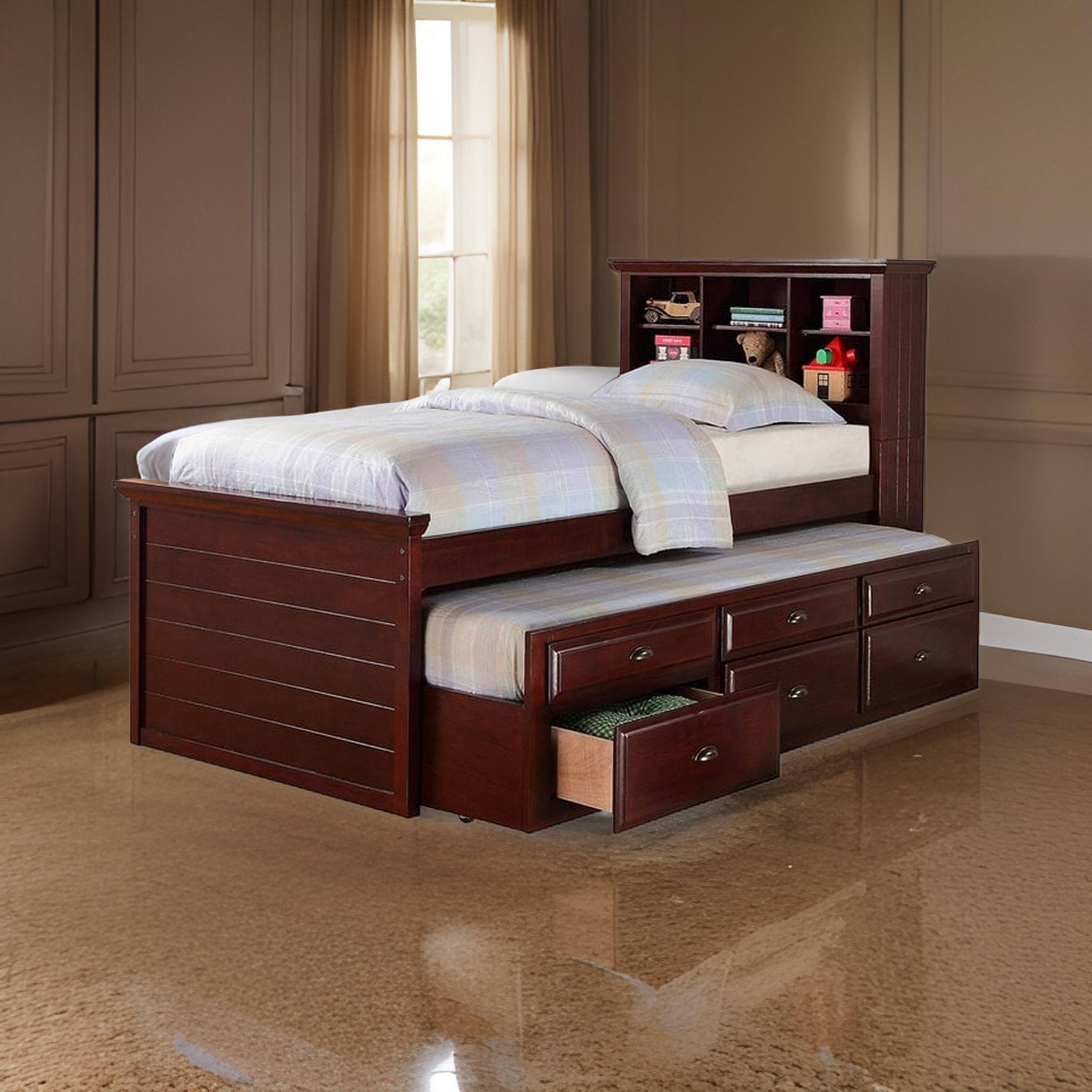 Alt View 5. Manhattan Lane - Toni Twin Size Trundle Bed with 6 Drawers, Bookcase Headboard, Brown Wood - Brown.
