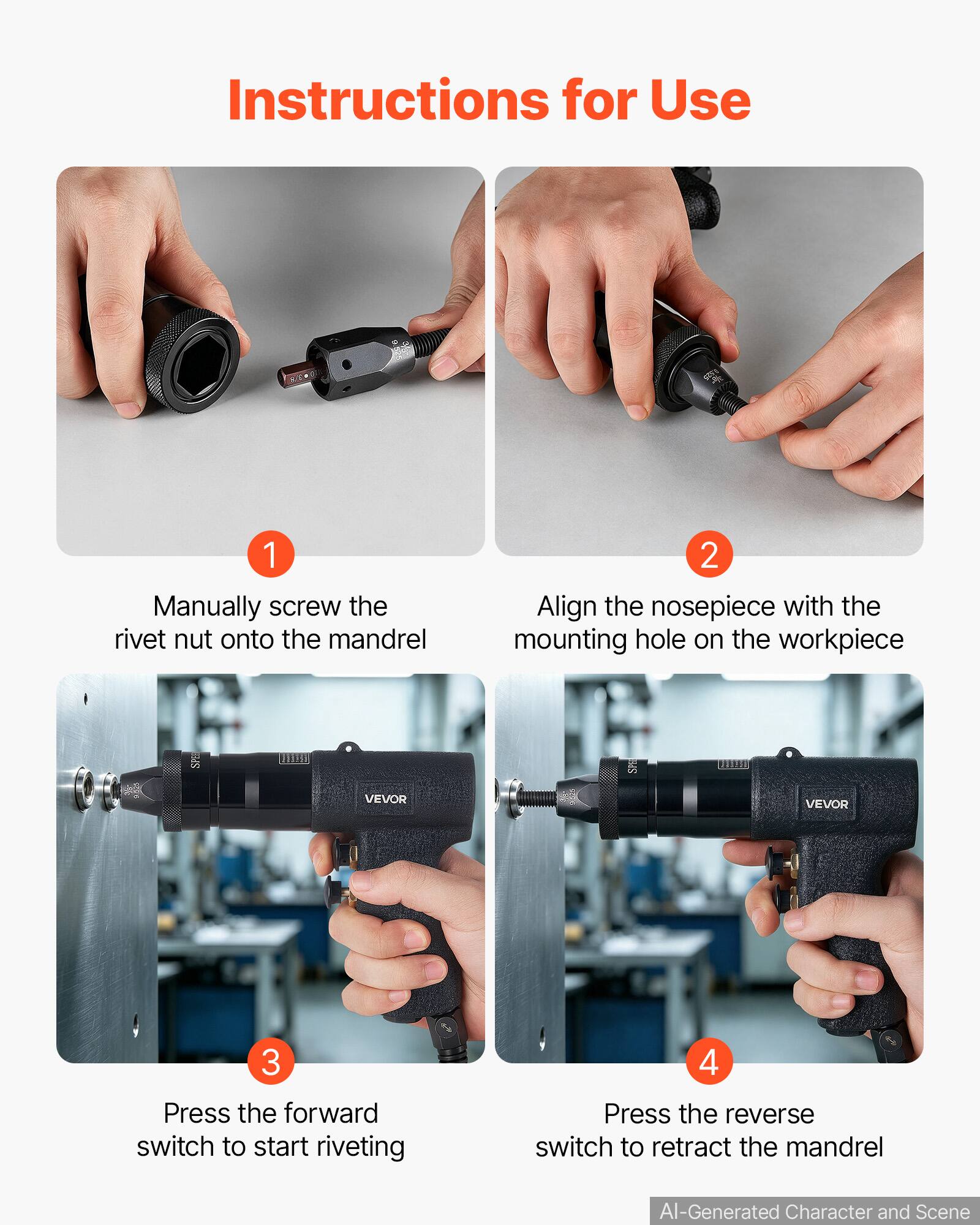 Instructions for Use

1. Manually screw the rivet nut onto the mandrel
2. Align the nosepiece with the mounting hole on the workpiece
3. Press the forward switch to start riveting
4. Press the reverse switch to retract the mandrel

AI-Generated Character and Scene