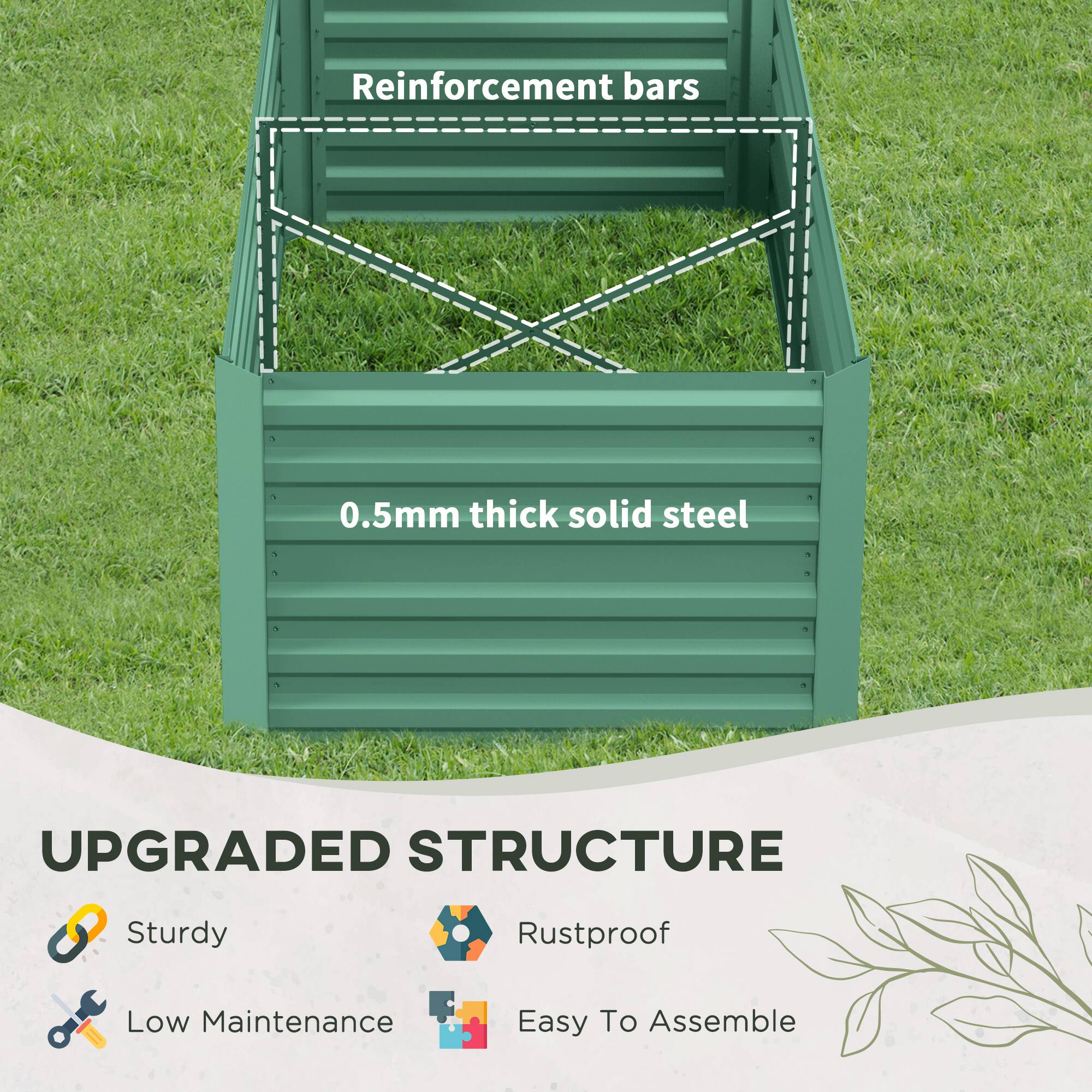 UPGRADED STRUCTURE

Reinforcement bars
0.5mm thick solid steel
Sturdy
Rustproof
Low Maintenance
Easy To Assemble