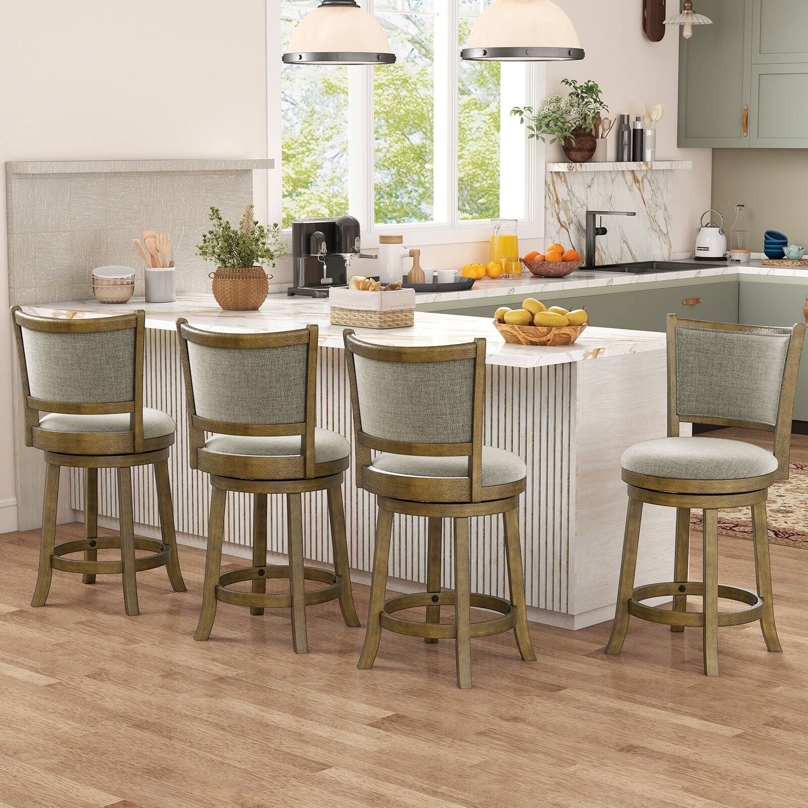 Alt View 8. Costway - Costway 25"Swivel Bar Stools Set of 4, with Backrests and Wood Frame,Upholstered Bar Chairs - Antique Gray,Light Gray.