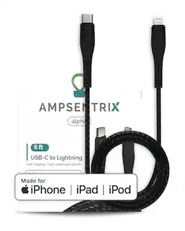 Ampsentrix - 6 ft MFI Lightning To USB Type C Cable (Alpha) - Black