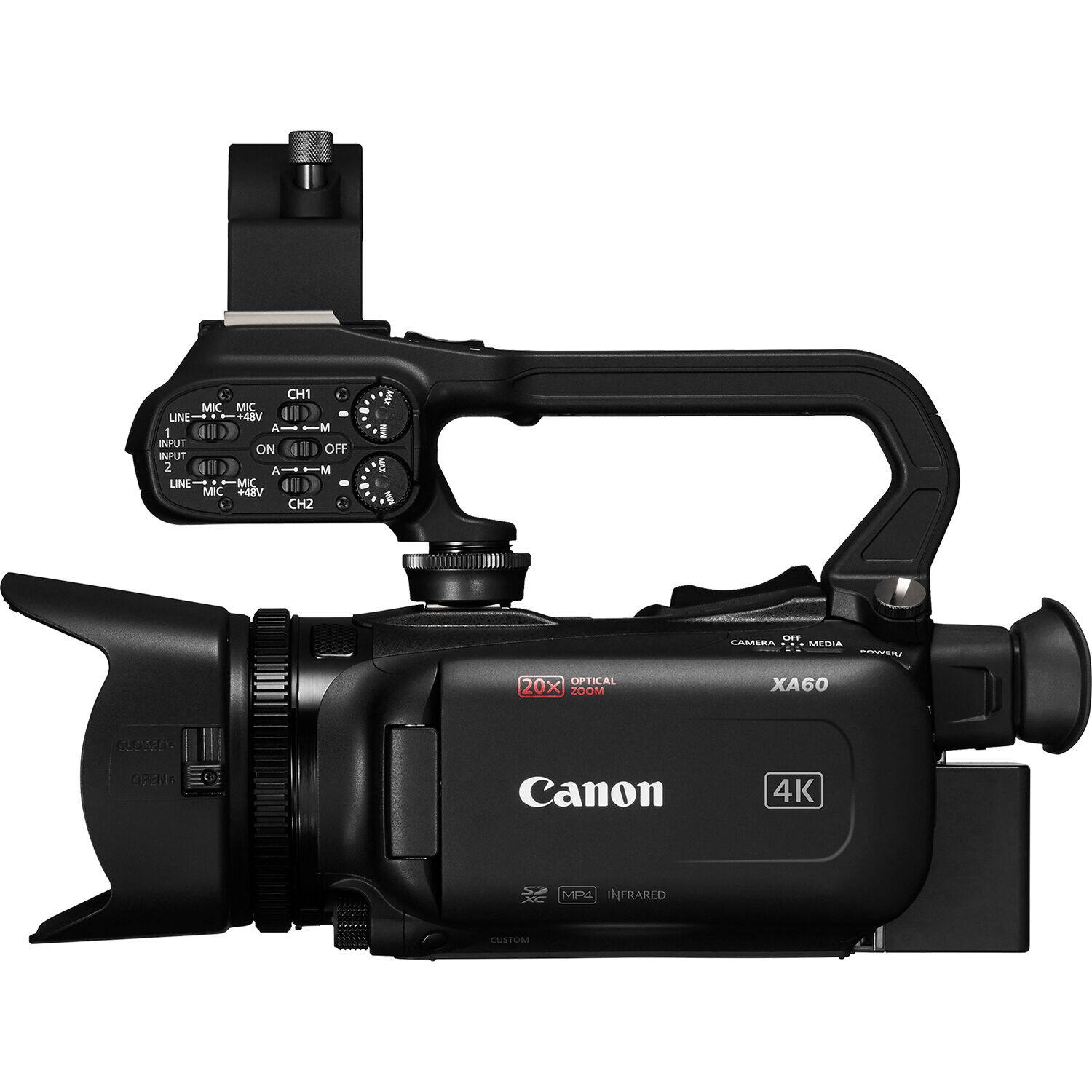 MIC LINE 1 INPUT MIC CH1 MIC +48V A M ON 1 OFF A M MIC +48V CH2  
LINE MIC  
INPUT 2 LINE MIC  
OPTICAL 20X ZOOM  
XA60  
Canon 4K  
MP4 INFRARED  
CUSTOM