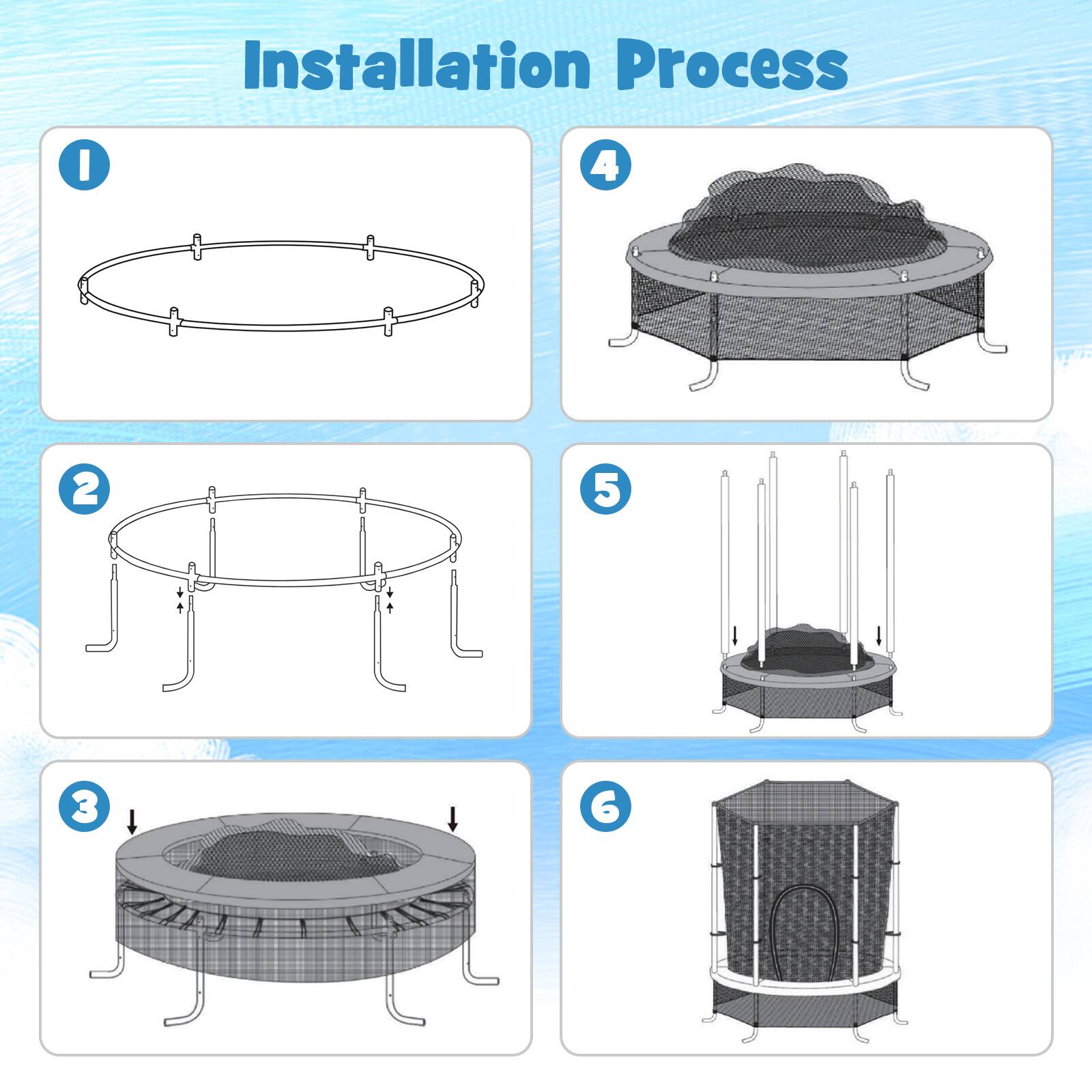 Installation Process

1. [Image of a circular frame with four legs]

2. [Image of a circular frame with four legs and a mesh base]

3. [Image of a circular frame with four legs and a mesh base, with a mesh cover on top]

4. [Image of a circular frame with four legs and a mesh base, with a mesh cover on top and a fire pit inside]

5. [Image of a circular frame with four legs and a mesh base, with a fire pit inside and four vertical rods]

6. [Image of a circular frame with four legs and a mesh base, with a fire pit inside, a mesh cover on top, and a door on the front]
