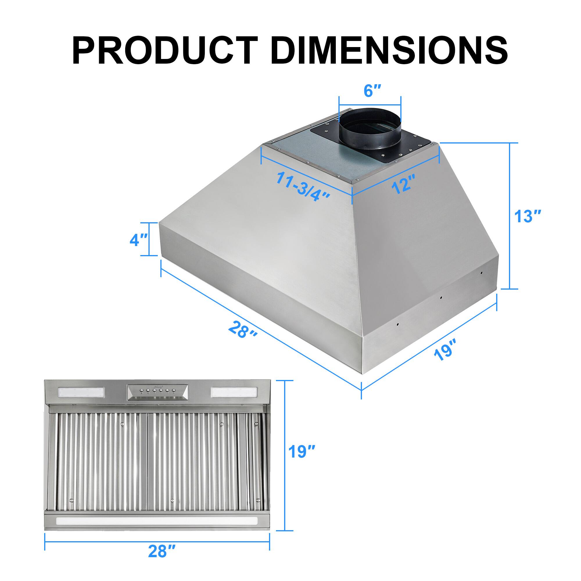 PRODUCT DIMENSIONS

- 6"
- 4"
- 11-3/4"
- 12"
- 13"
- 28"
- 19"
- 19"
- 28"