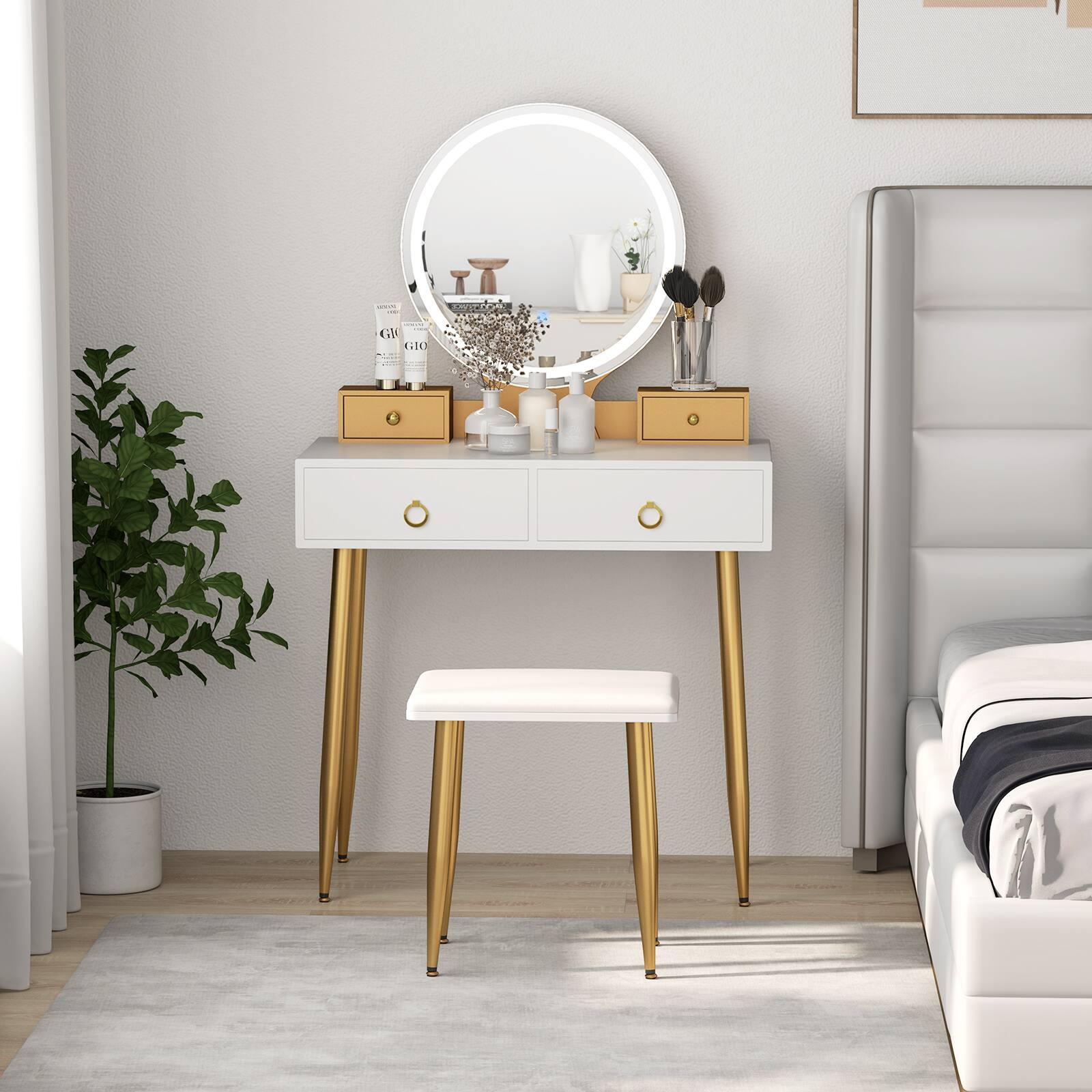 Alt View 1. SlickBlue - Makeup Vanity Table with Mirror and Stool for Bedroom or Dressing Room - White.