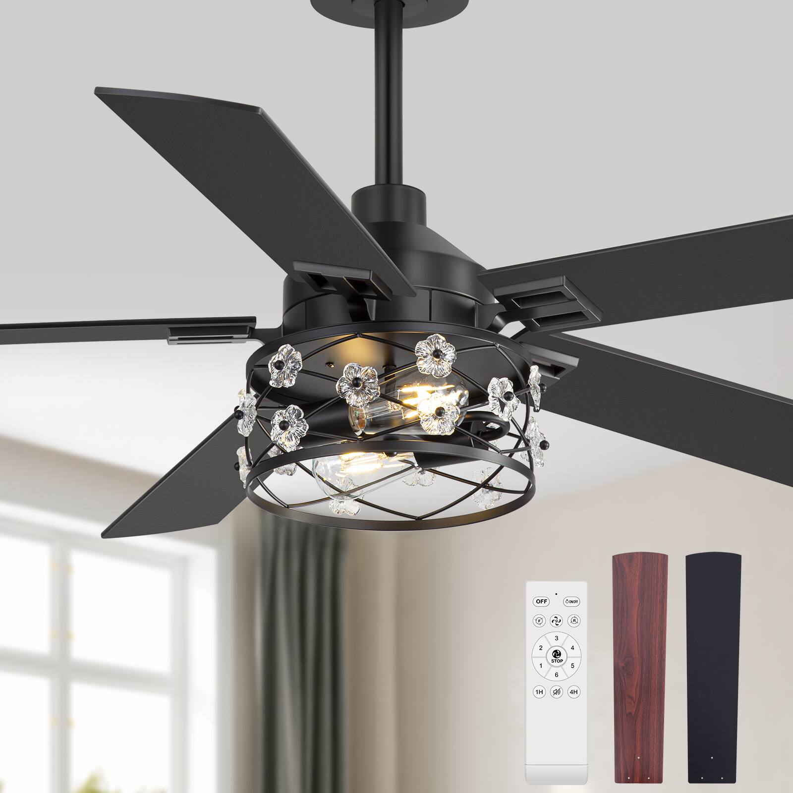 Front. Breezary - 52-Inch Indoor Ceiling Fan with Light Kit, 5 Plywood Dual-Finish Blades, DC Motor, 5/10'' Downrods, Remote, Glass Shade - Black and Dark Walnut.