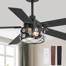 Breezary - 52-Inch Indoor Ceiling Fan with Light Kit, 5 Plywood Dual-Finish Blades, DC Motor, 5/10'' Downrods, Remote, Glass Shade - Black and Dark Walnut