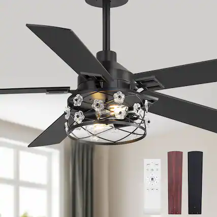 Front. Breezary - 52-Inch Indoor Ceiling Fan with Light Kit, 5 Plywood Dual-Finish Blades, DC Motor, 5/10'' Downrods, Remote, Glass Shade - Black and Dark Walnut.