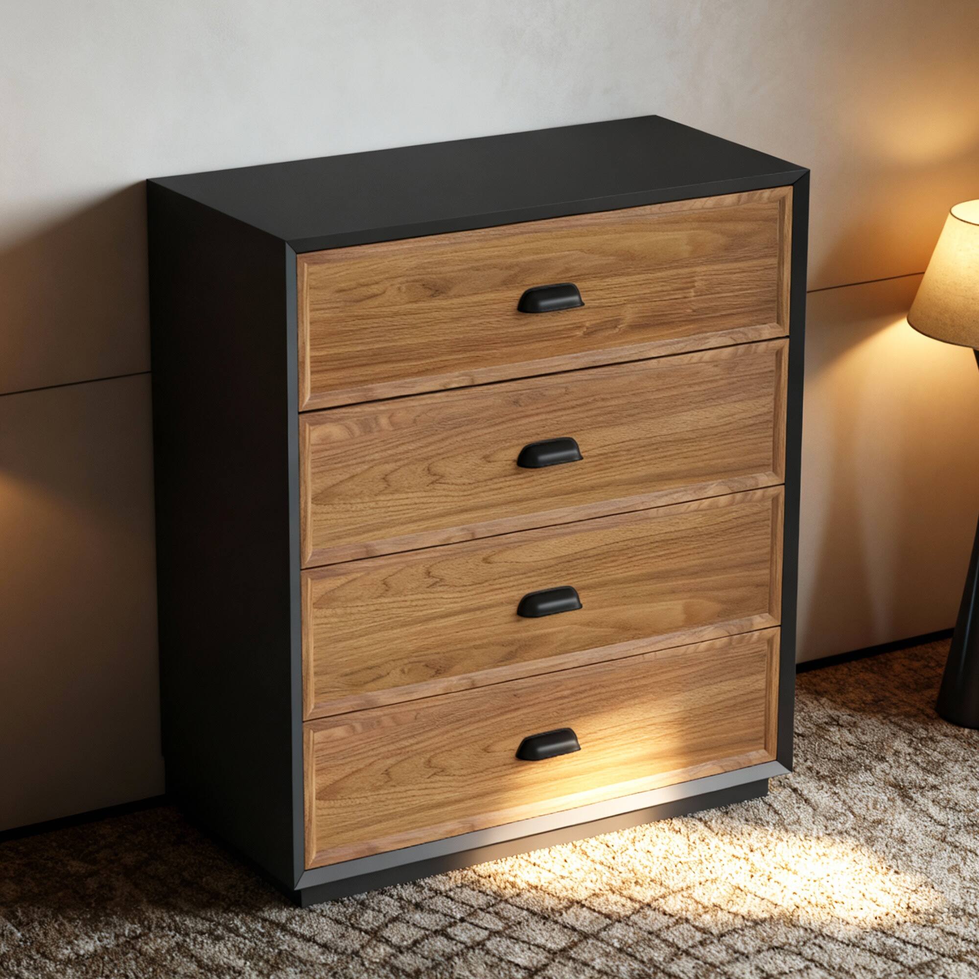 Angle. luck idea - Mid-Century Modern 31.49" Solid Wood Nightstand with 4 Drawers, Bedside Table - Walnut Color.