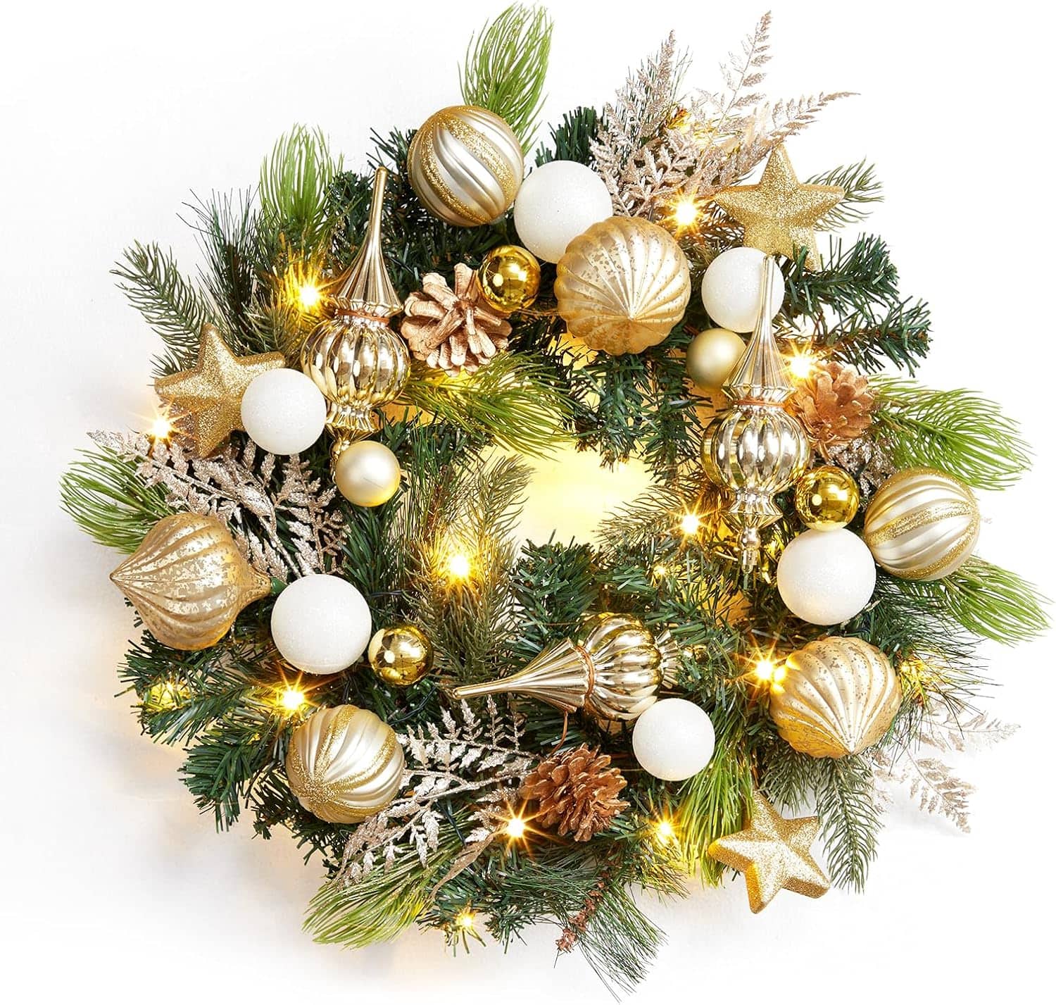 Jojoka - 24-in Christmas Wreath Pre-Lit for Indoor Outdoor Holiday Decorations - Green