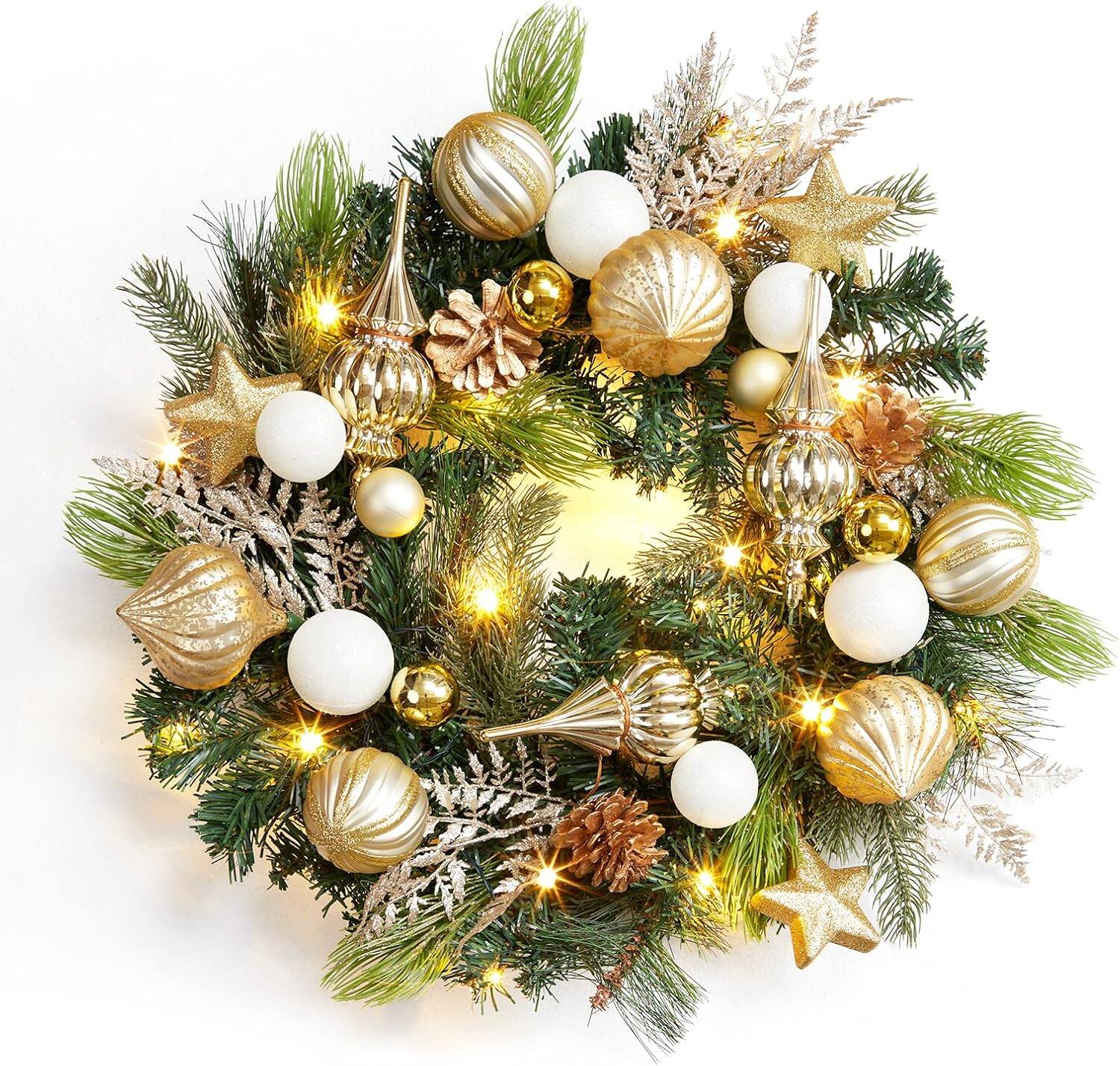 Jojoka - 24-in Christmas Wreath Pre-Lit for Indoor Outdoor Holiday Decorations - Green