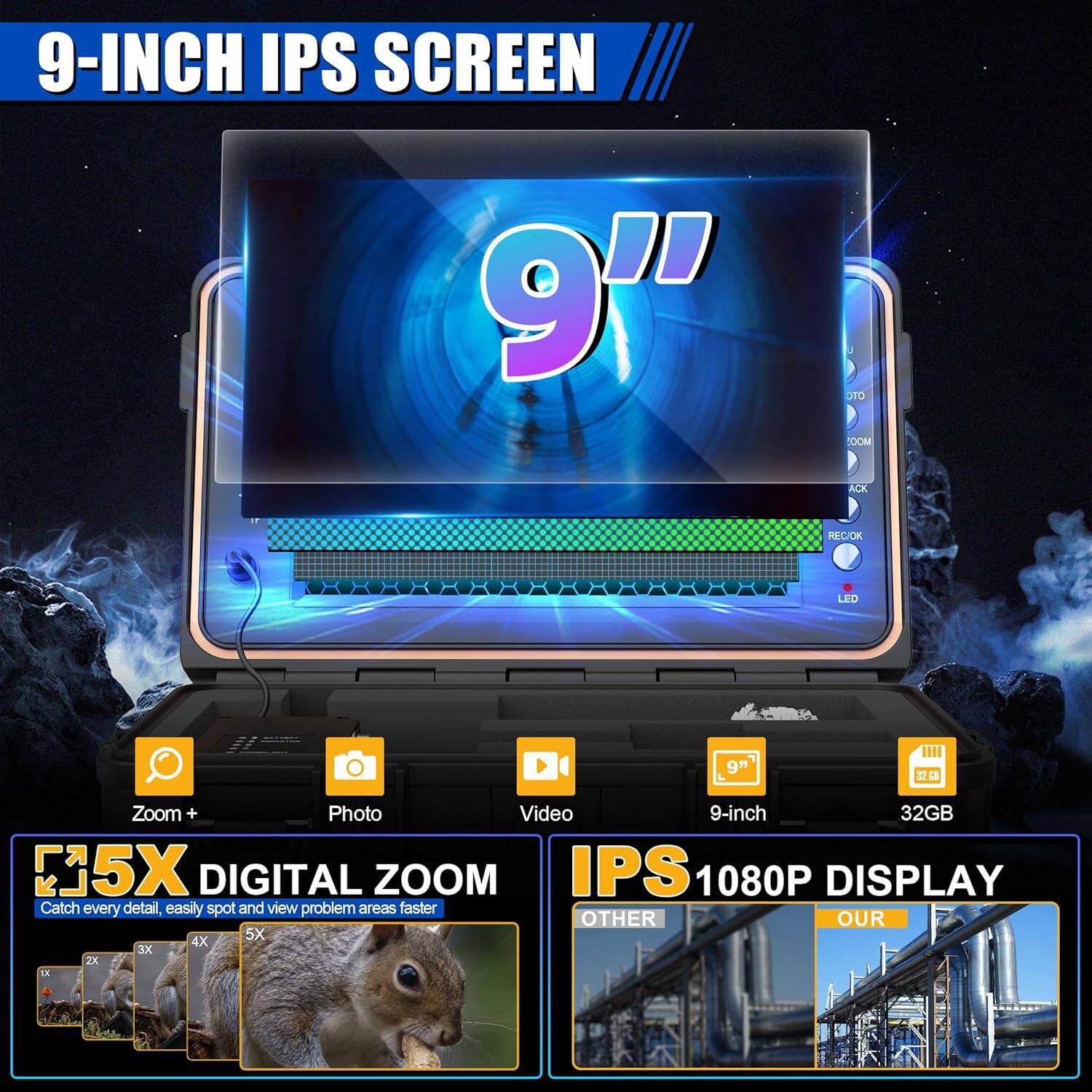 Alt View 2. Aukfa - Sewer Camera - 9" HD Borescope with Self-Leveling, IP68, 165Ft 5MM Cable, DVR, 5X Zoom, 32GB.