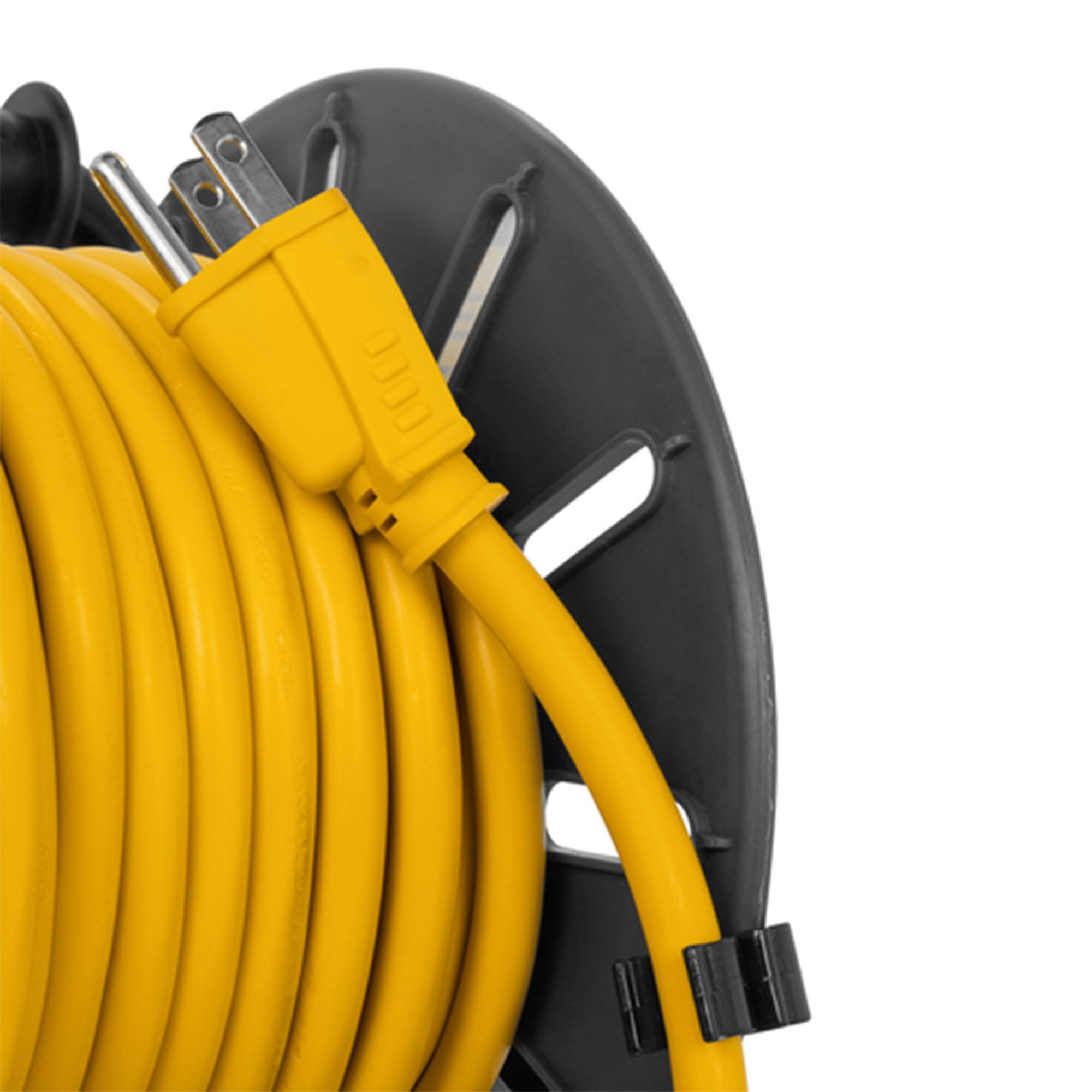 Alt View 4. Camco - Camco 50 Foot Extension Cord Reel with 4 Electrical Outlets & 2 USB Ports, 125V - Black/Yellow.