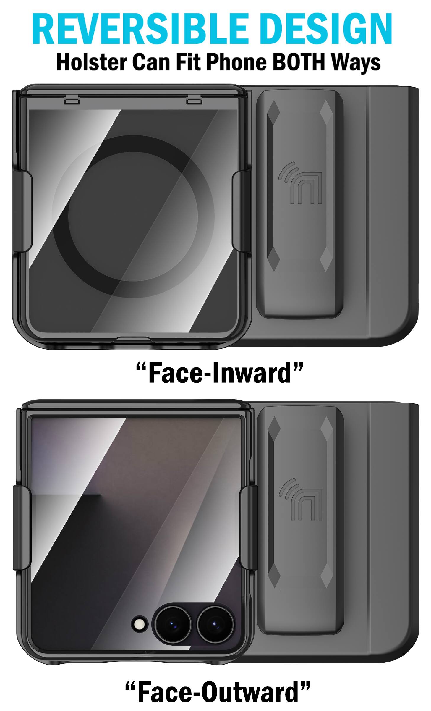 REVERSIBLE DESIGN  
Holster Can Fit Phone BOTH Ways  
"Face-Inward"  
"Face-Outward"