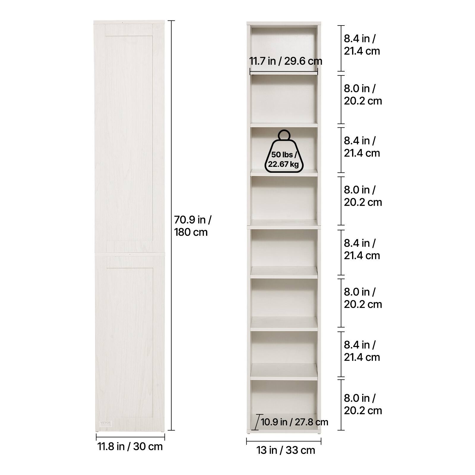 11.7 in / 29.6 cm, 8.4 in / 21.4 cm, 8.0 in / 20.2 cm, 50 lbs / 22.67 kg, 8.4 in / 21.4 cm, 8.0 in / 20.2 cm, 8.4 in / 21.4 cm, 8.0 in / 20.2 cm, 8.4 in / 21.4 cm, 11.8 in / 30 cm, 10.9 in / 27.8 cm, 13 in / 33 cm, 8.0 in / 20.2 cm